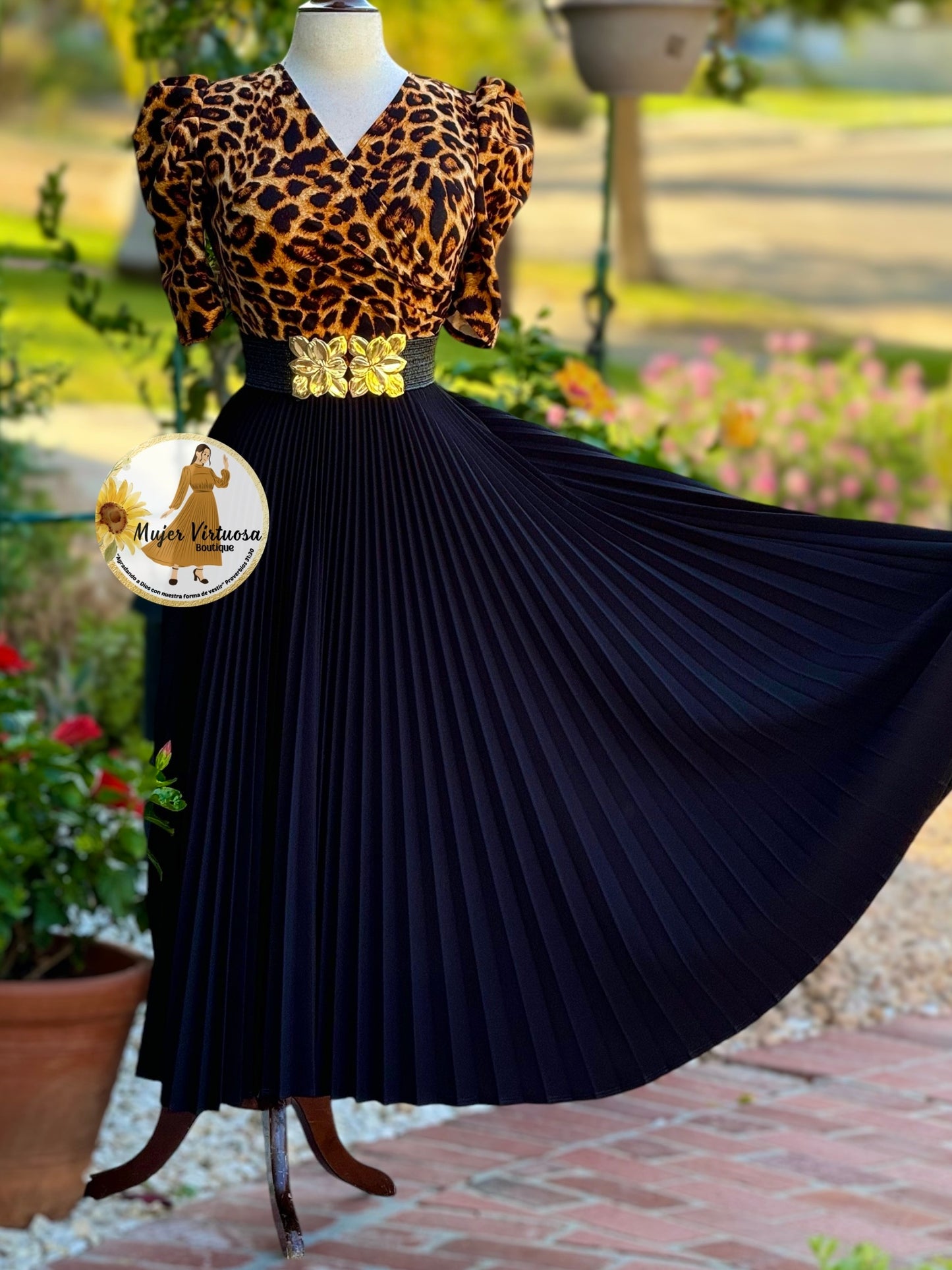 Jessica Animal Print Black Pleated Dress