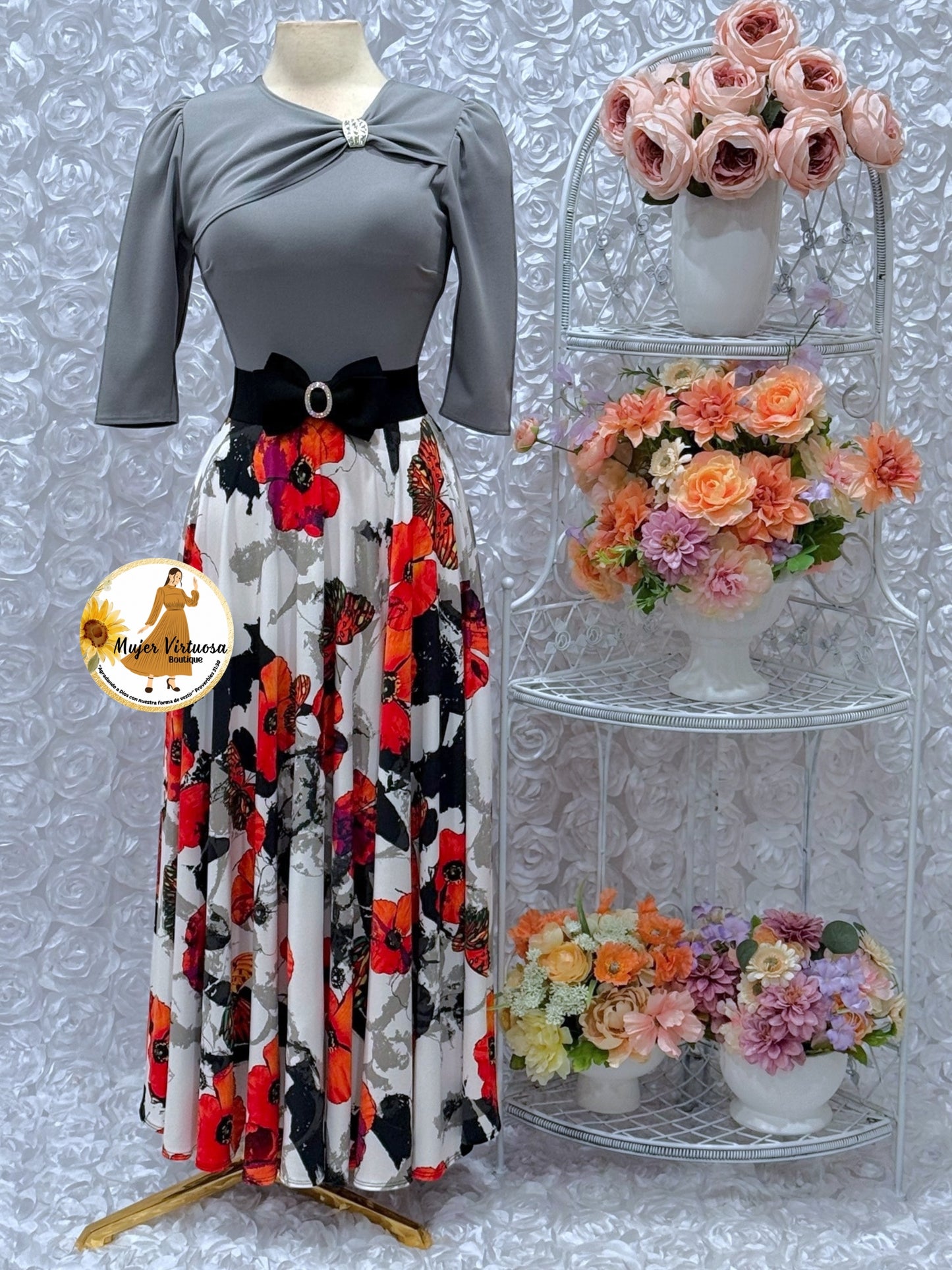 Rosalie Grey/White Floral Dress