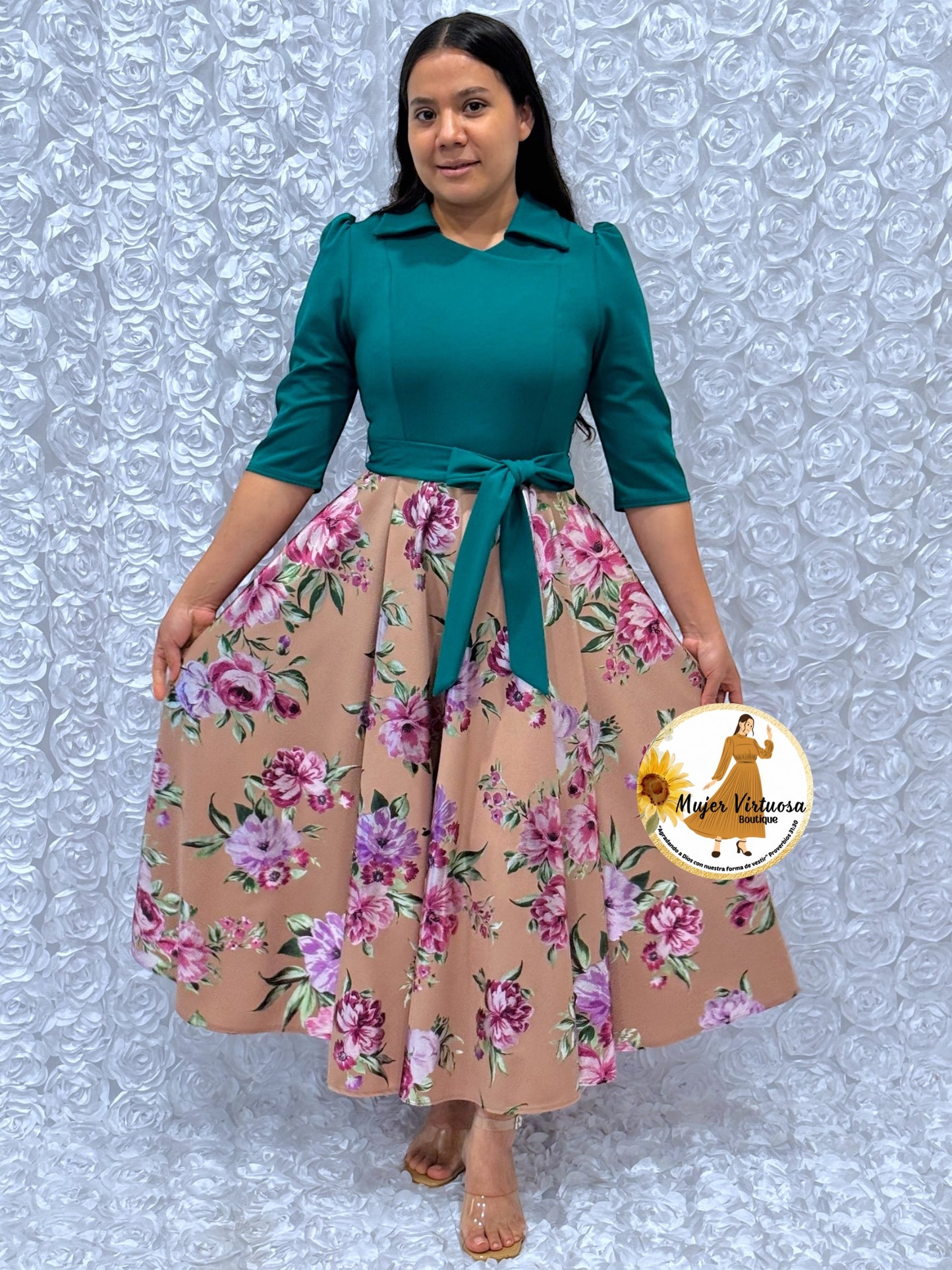 Green/Mocha Foil Floral Dress