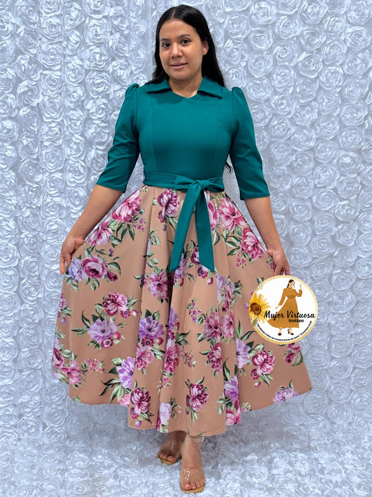 Green/Mocha Foil Floral Dress