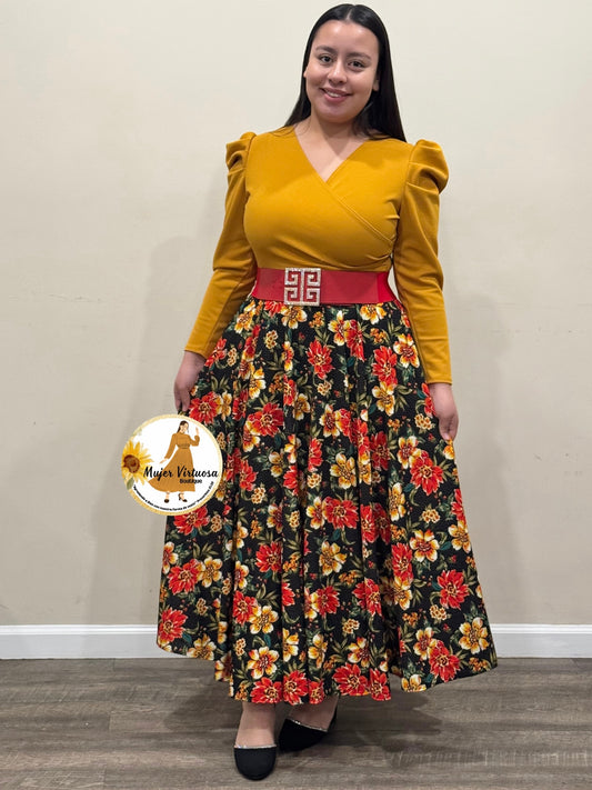 Larissa Mustard & Black Floral Dress