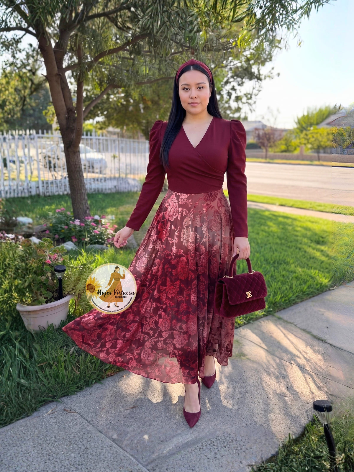 Larissa Burgundy & Velvet Floral Dress