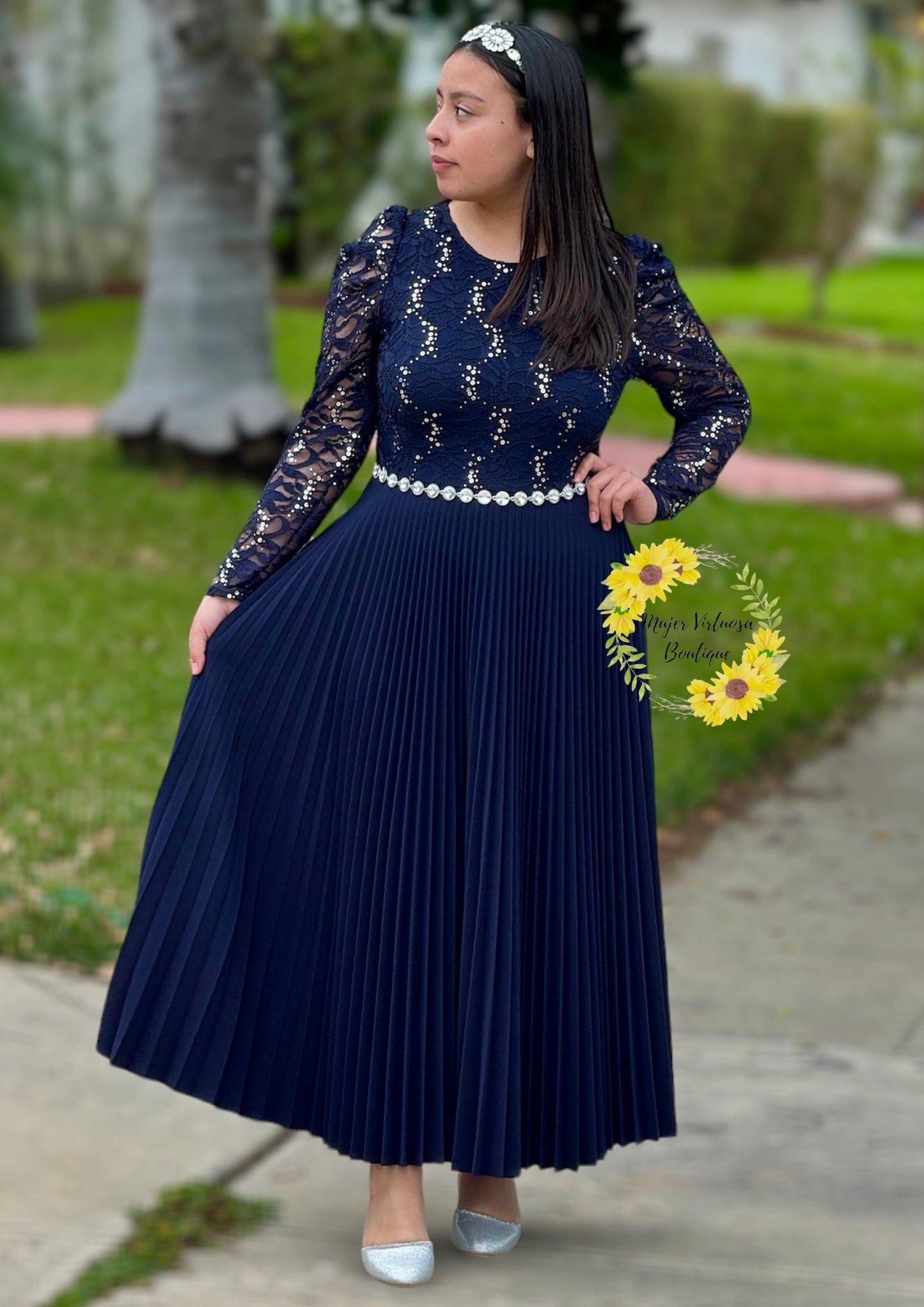 Ophelia Navy Pleated Lace Elegant Dress