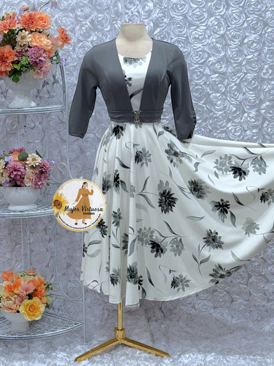 Grey/White Floral Midi Dress