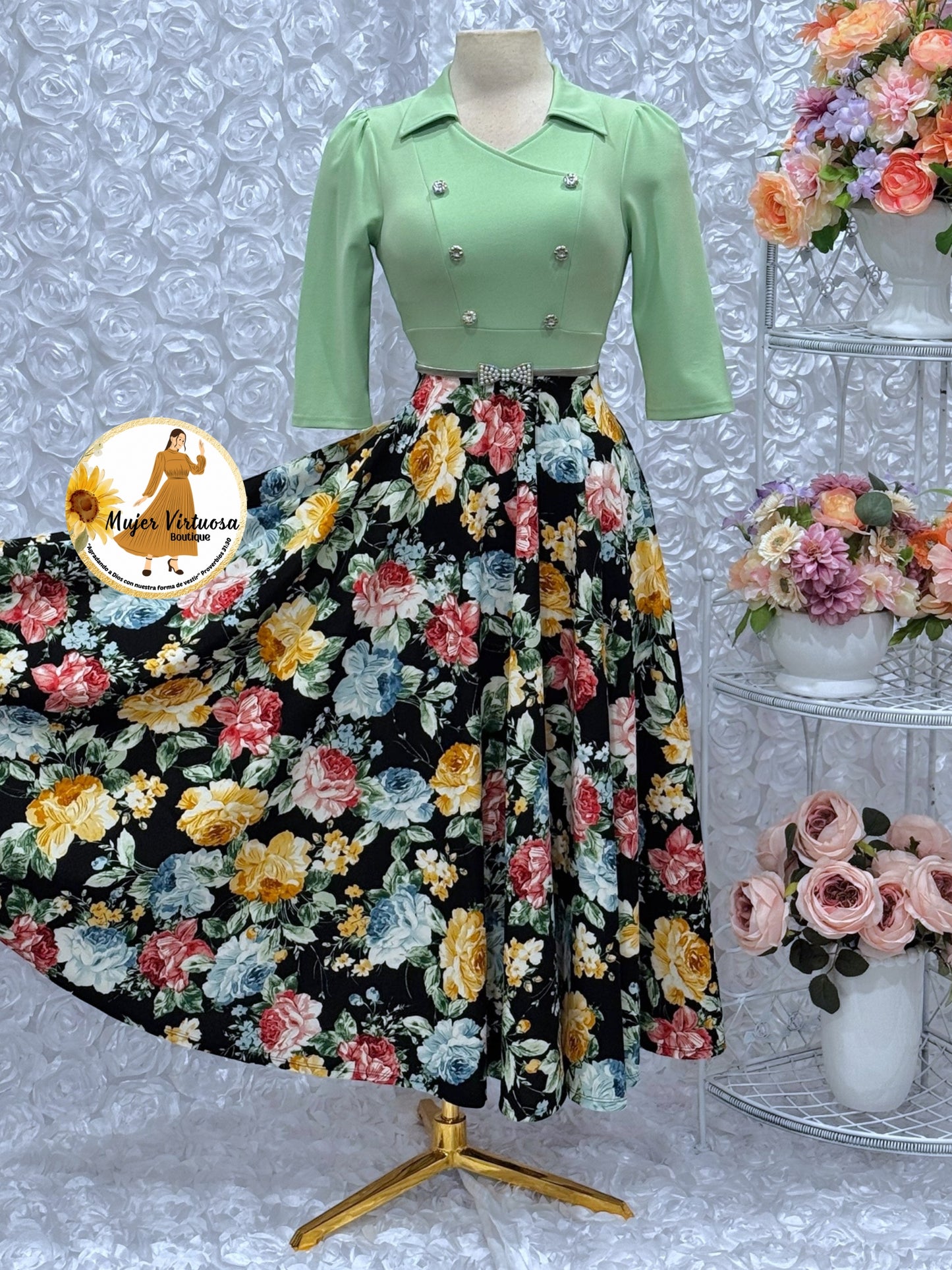 Frida Sage & Black Floral Dress