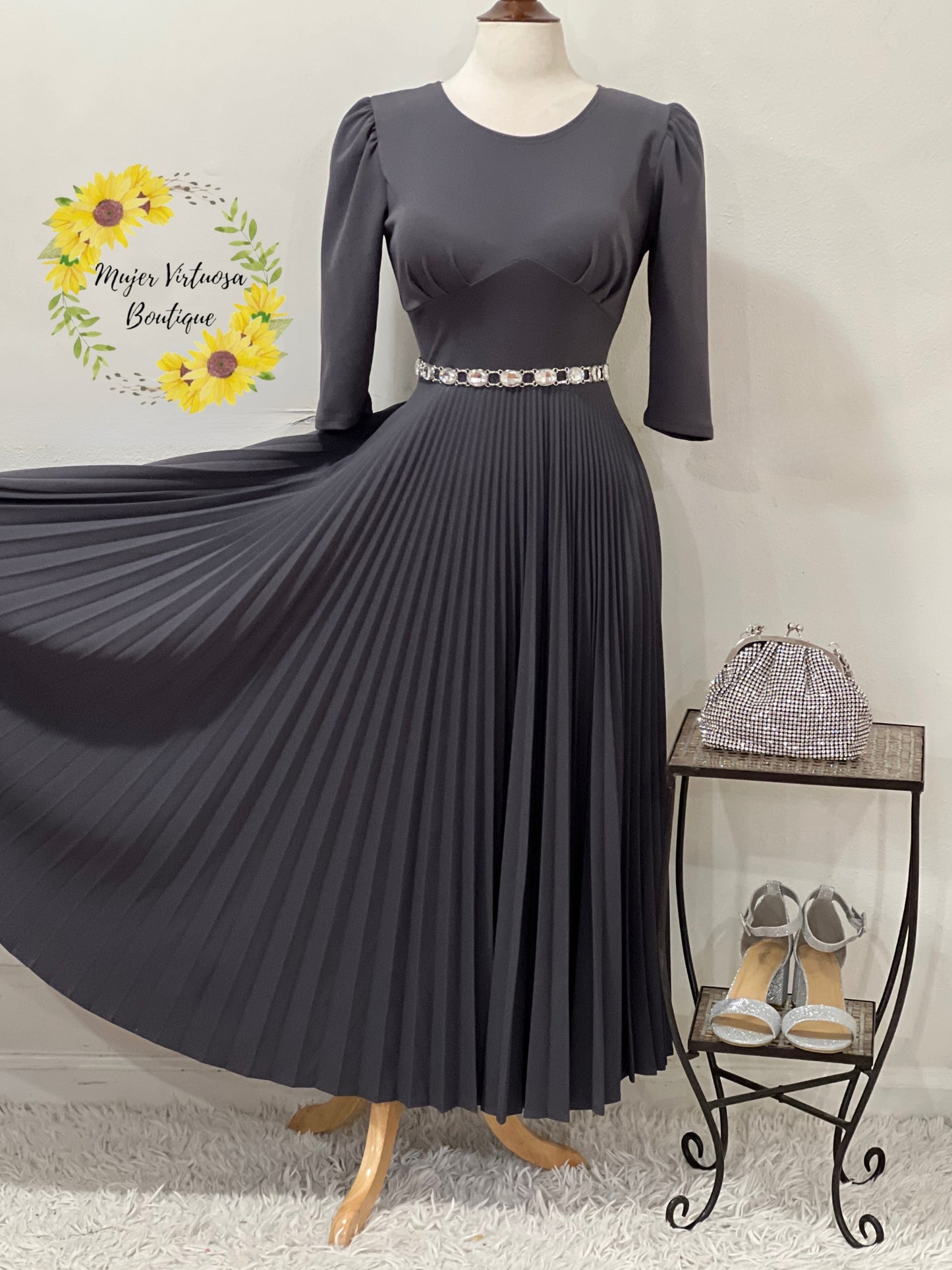 Cristel Dark Grey Pleated Dress