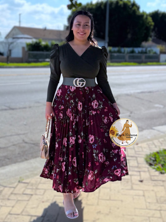 Yvette Olive & Wine Floral Dress