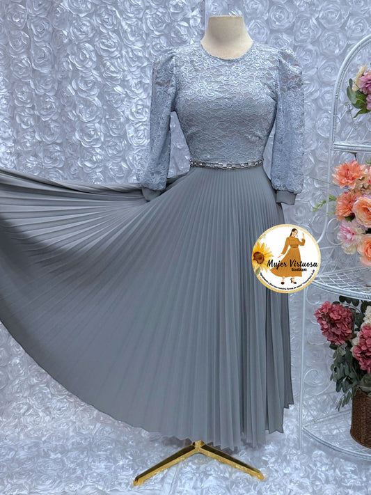 Ariana Grey Pleated Lace Dress