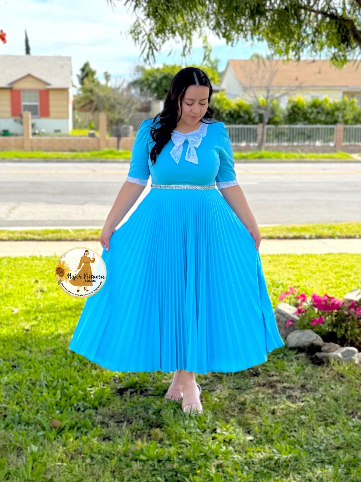 Madelyn Aqua Pleated Dress