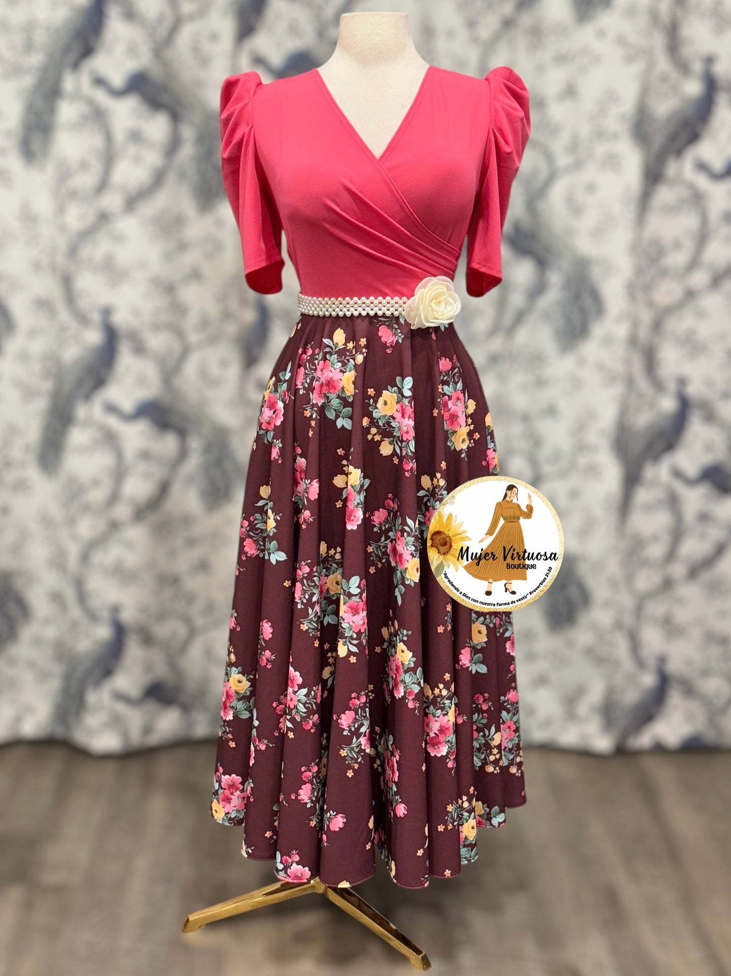 Susan Coral & Burgundy Floral Dress