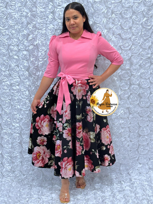 Pink/Black Foil Floral Dress
