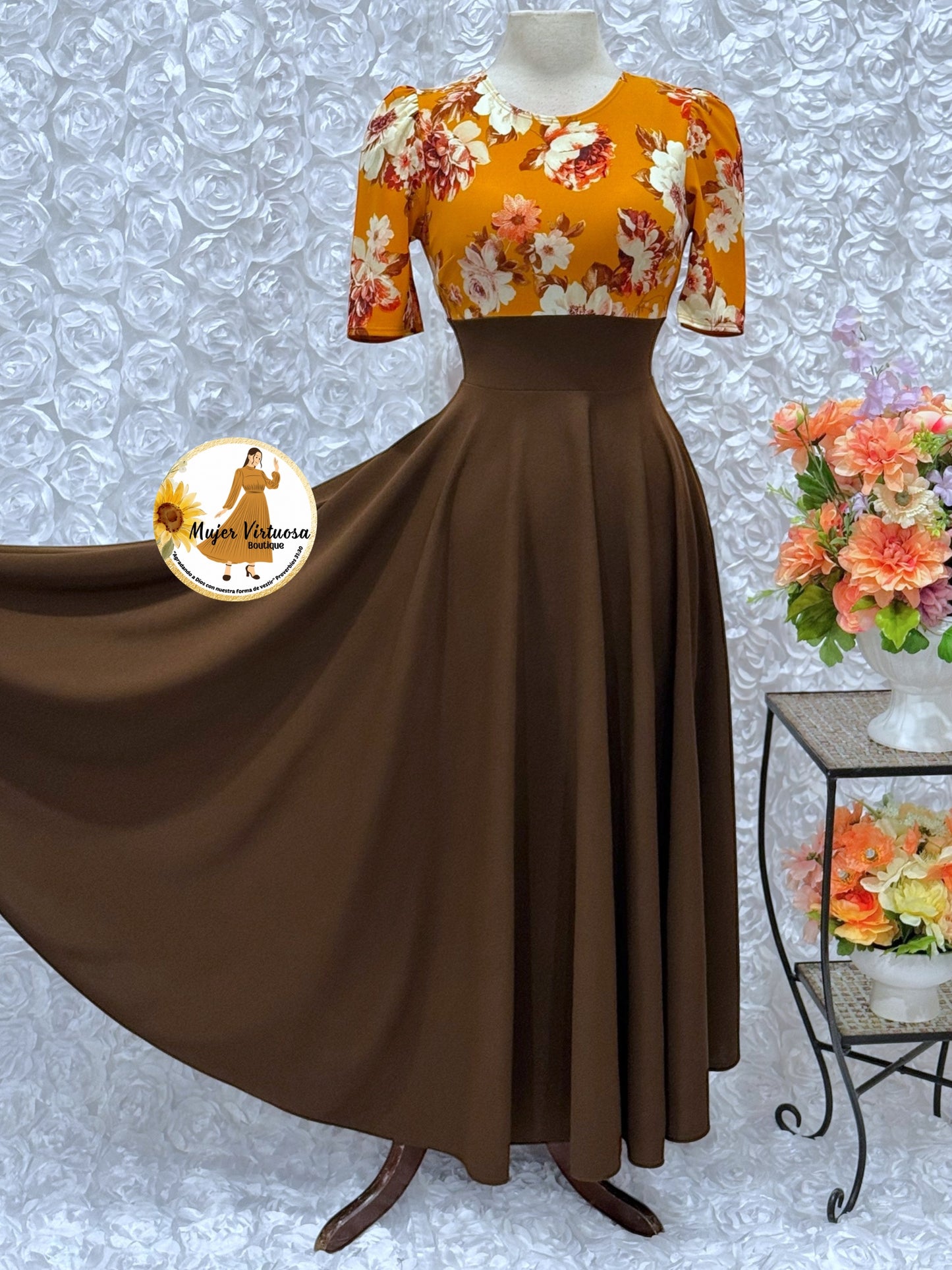 Eliana Mustard & Brown Floral Dress