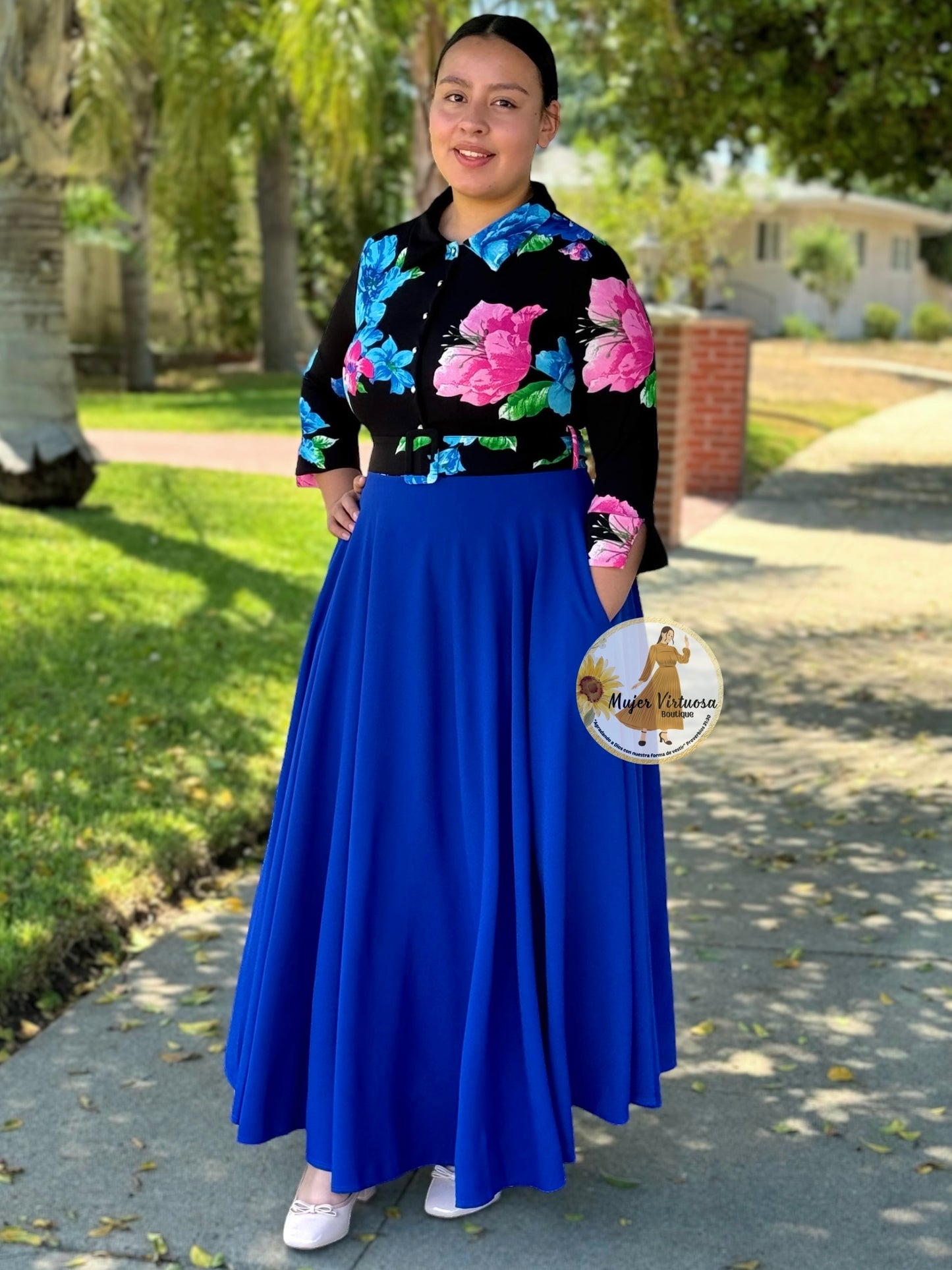 Hadassah Black & Royal Blue Belted Floral Dress