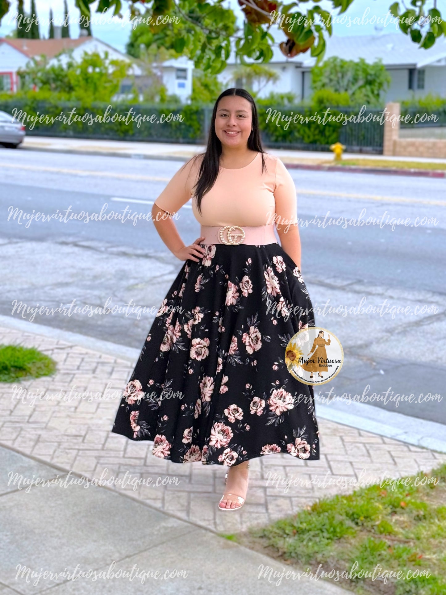 Melon & Black Floral Dress