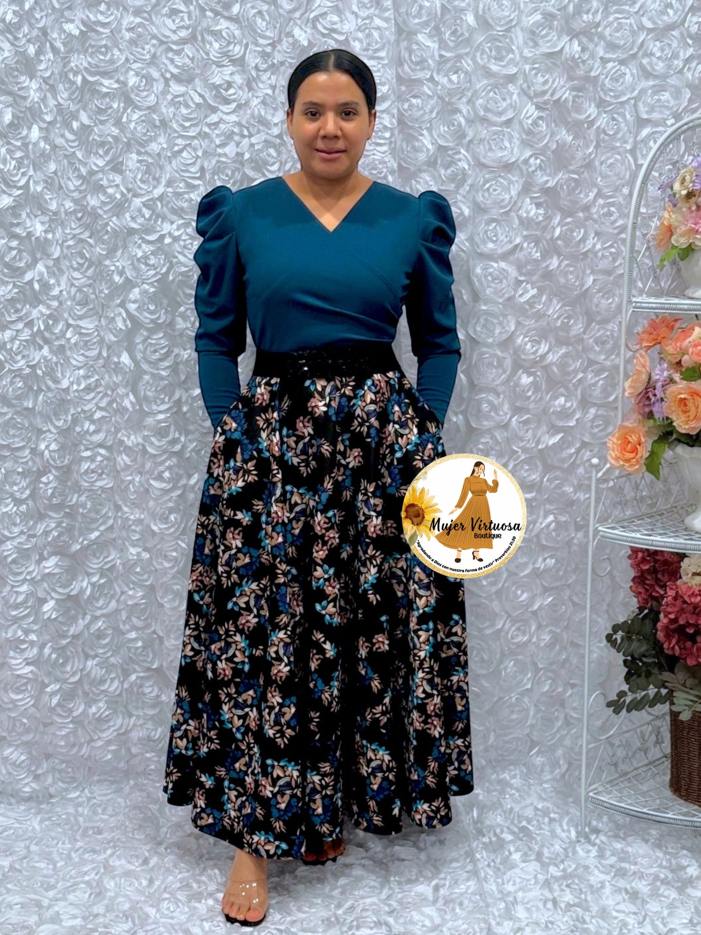 Larissa Teal & Black Floral Dress