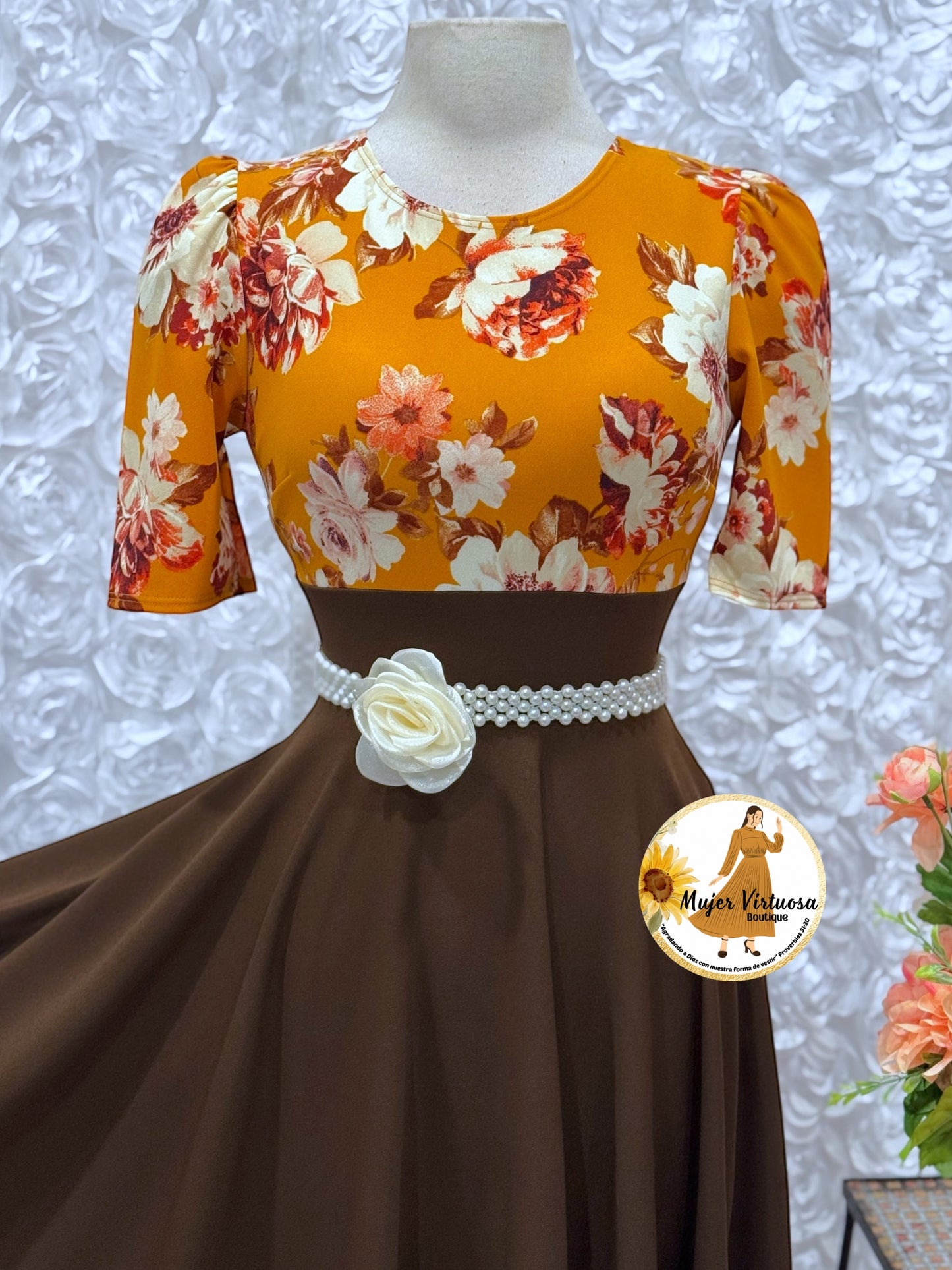Eliana Mustard & Brown Floral Dress
