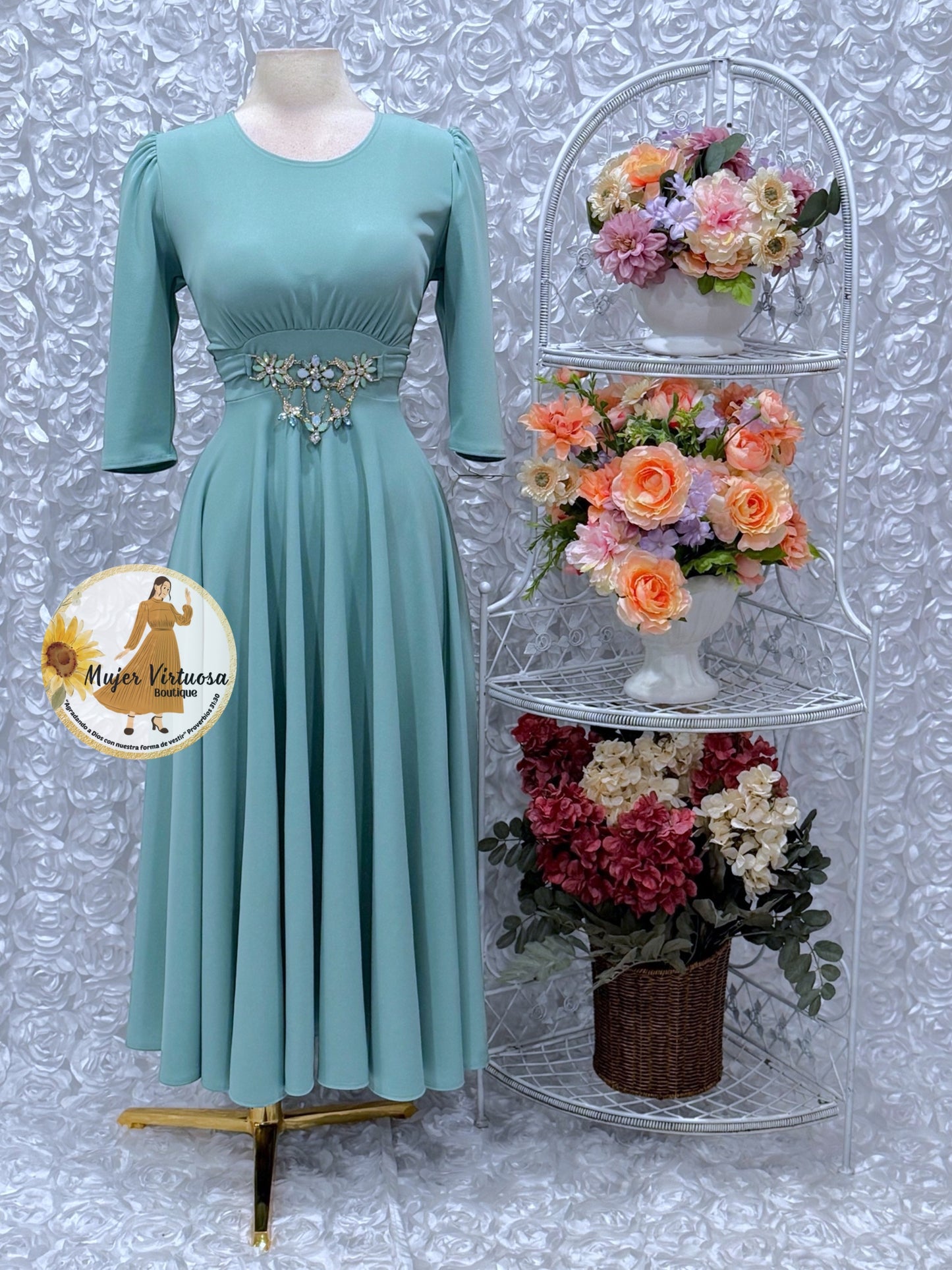 Amira Sage Elegant Belted Dress