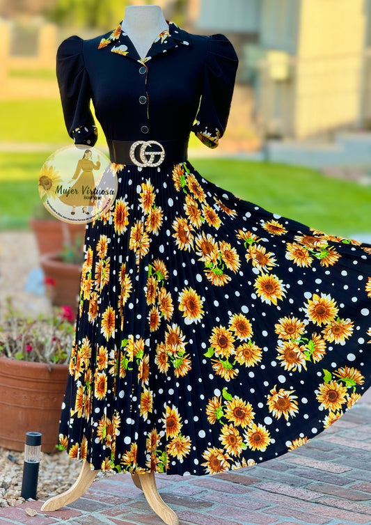 Samara Black Sunflowers Pleated Dress