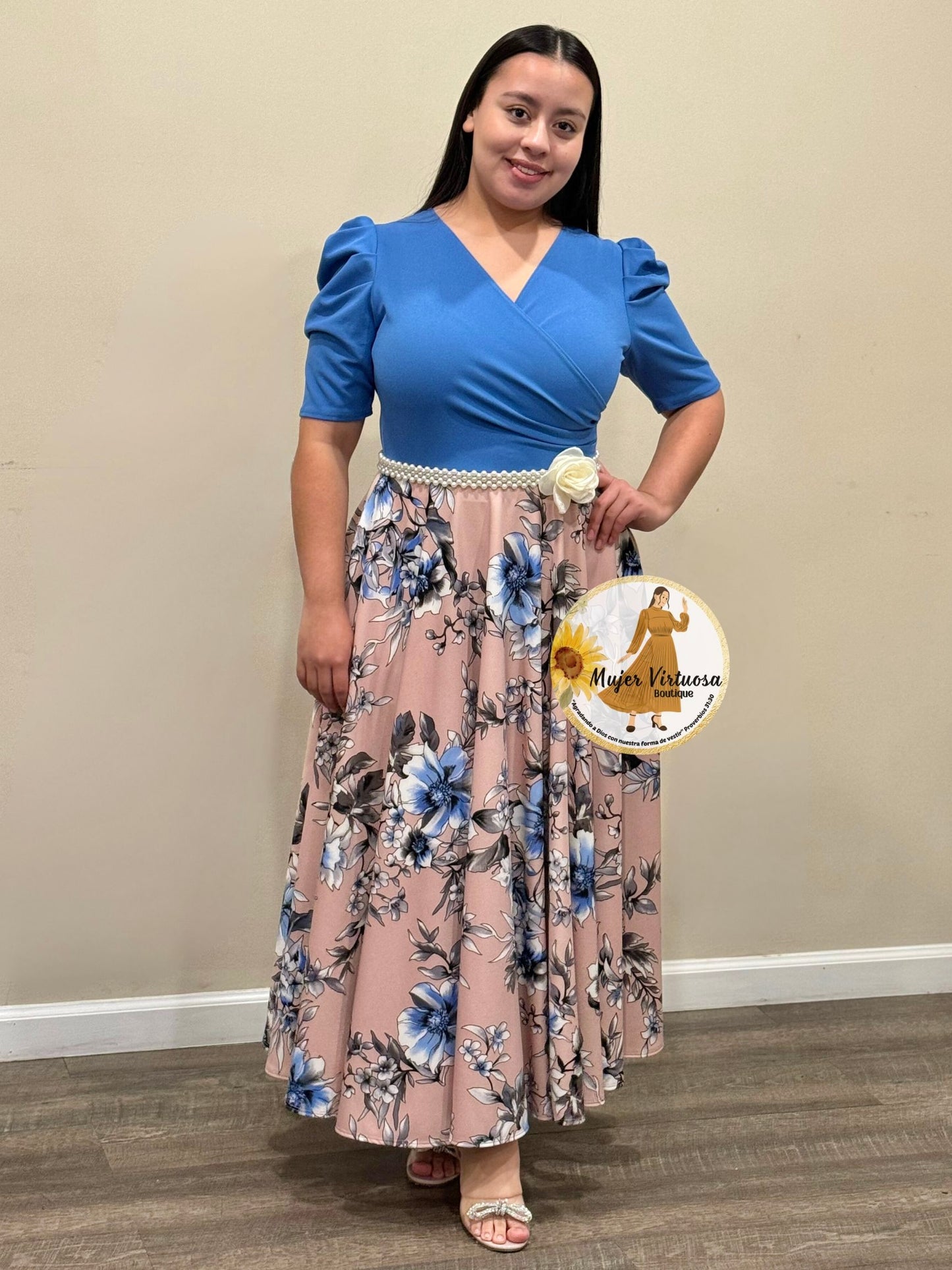 Susan Denim Blue & Pink Floral Dress