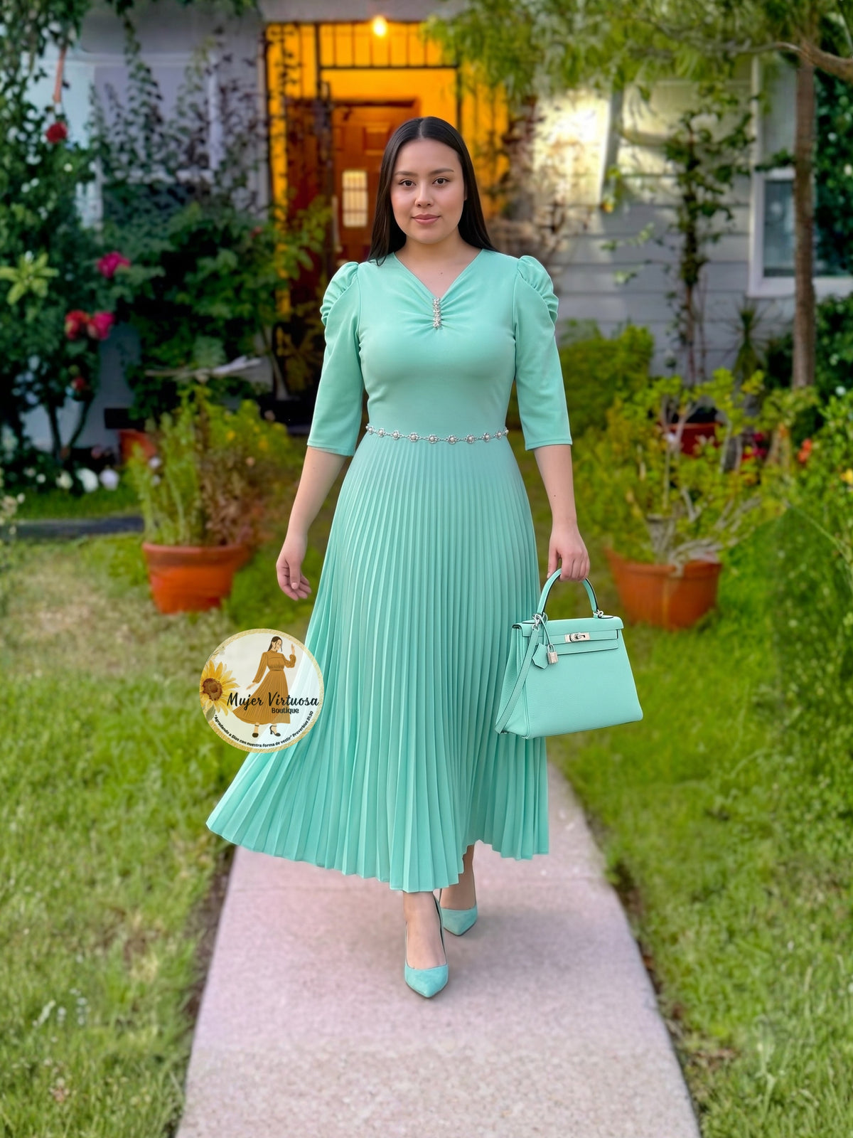 Sasha Mint Brooch Dress