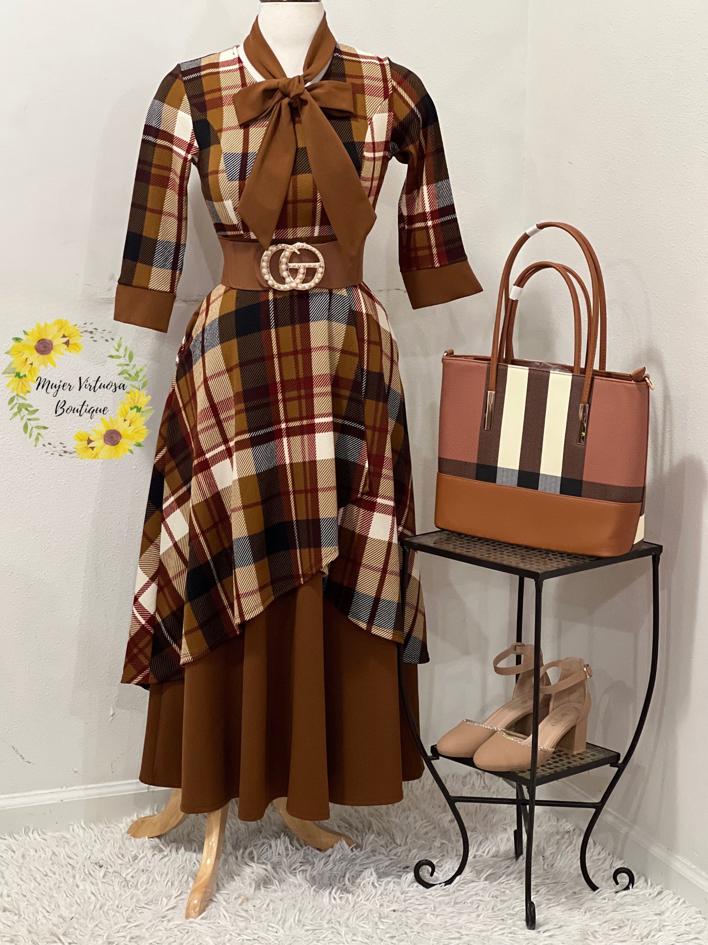 Oriana Caramelo Vintage Plaid Dress