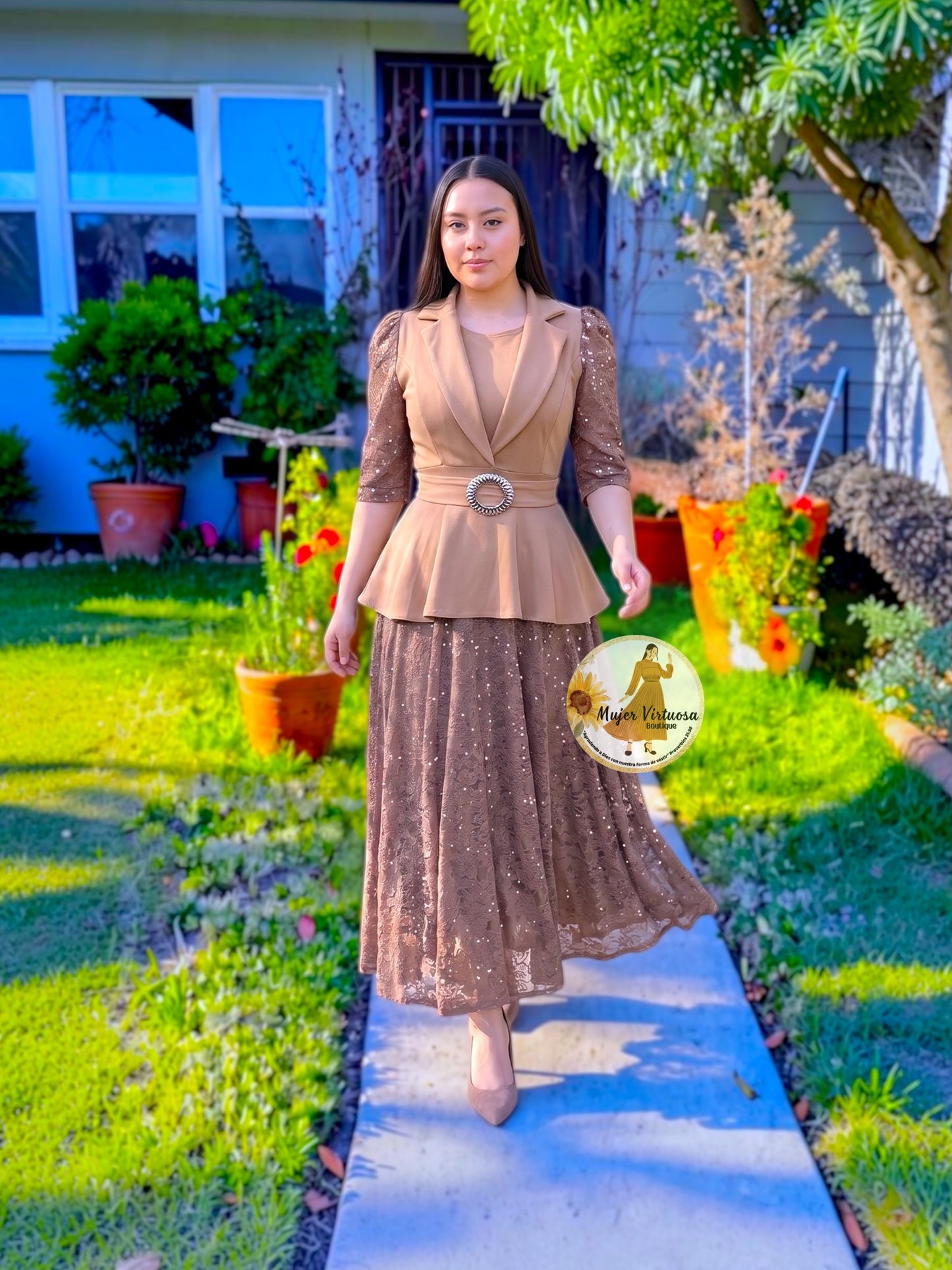 Mayra Mocha Crepe & Lace Dress