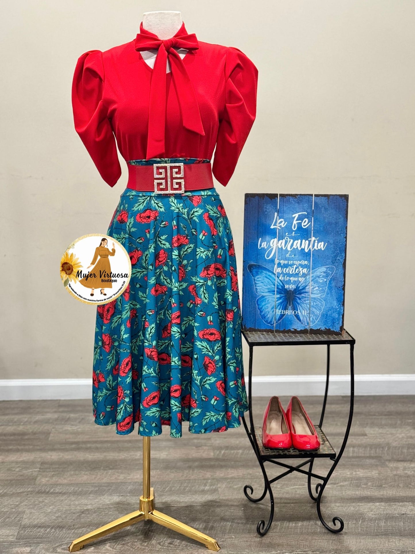 Teal & Red Flowers Midi Skirt