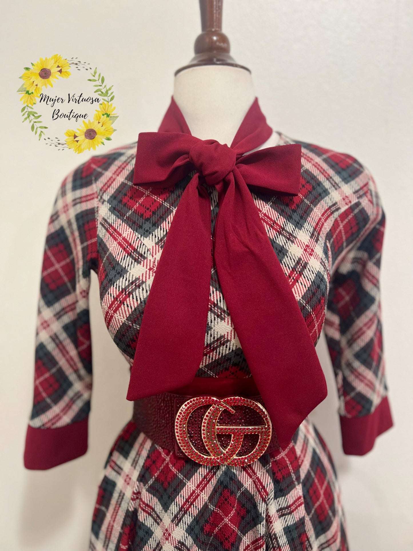 Oriana Burgundy Vintage Plaid Dress