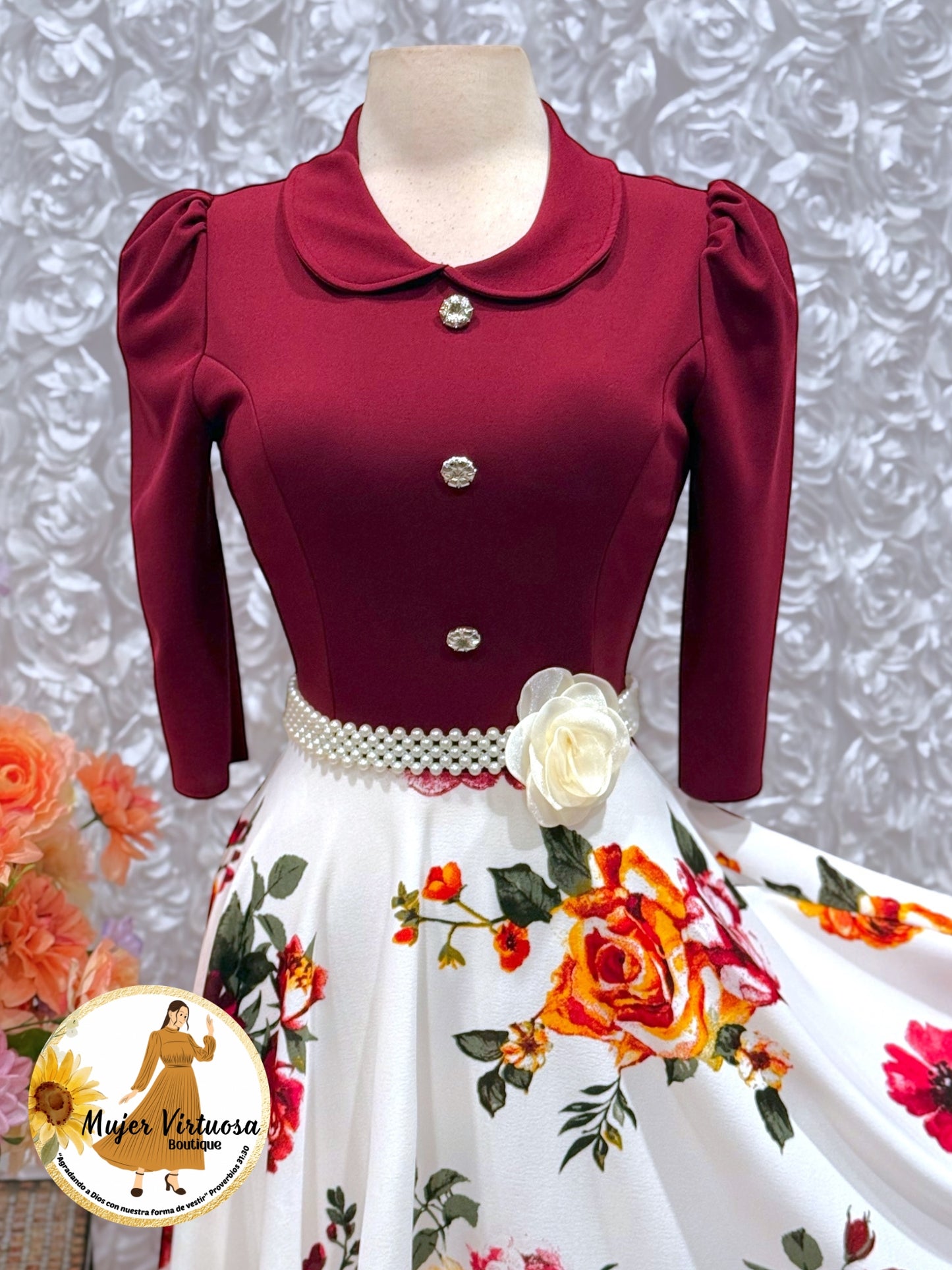 Burgundy/White Floral Dress