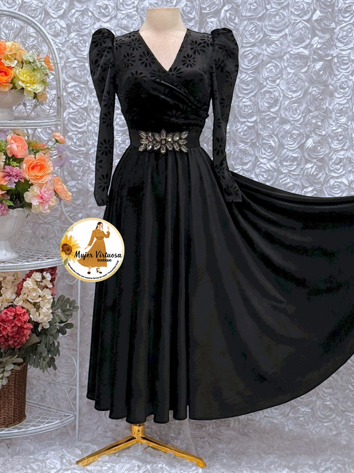 Larissa Black Velvet Floral Dress