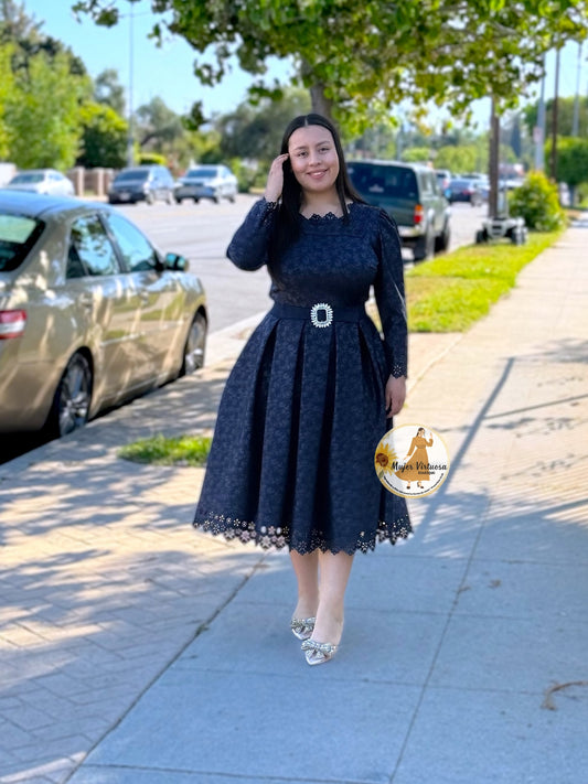 Navy Elegant Brocade Midi Dress