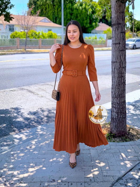 Sheila Cognac Pleated Dress