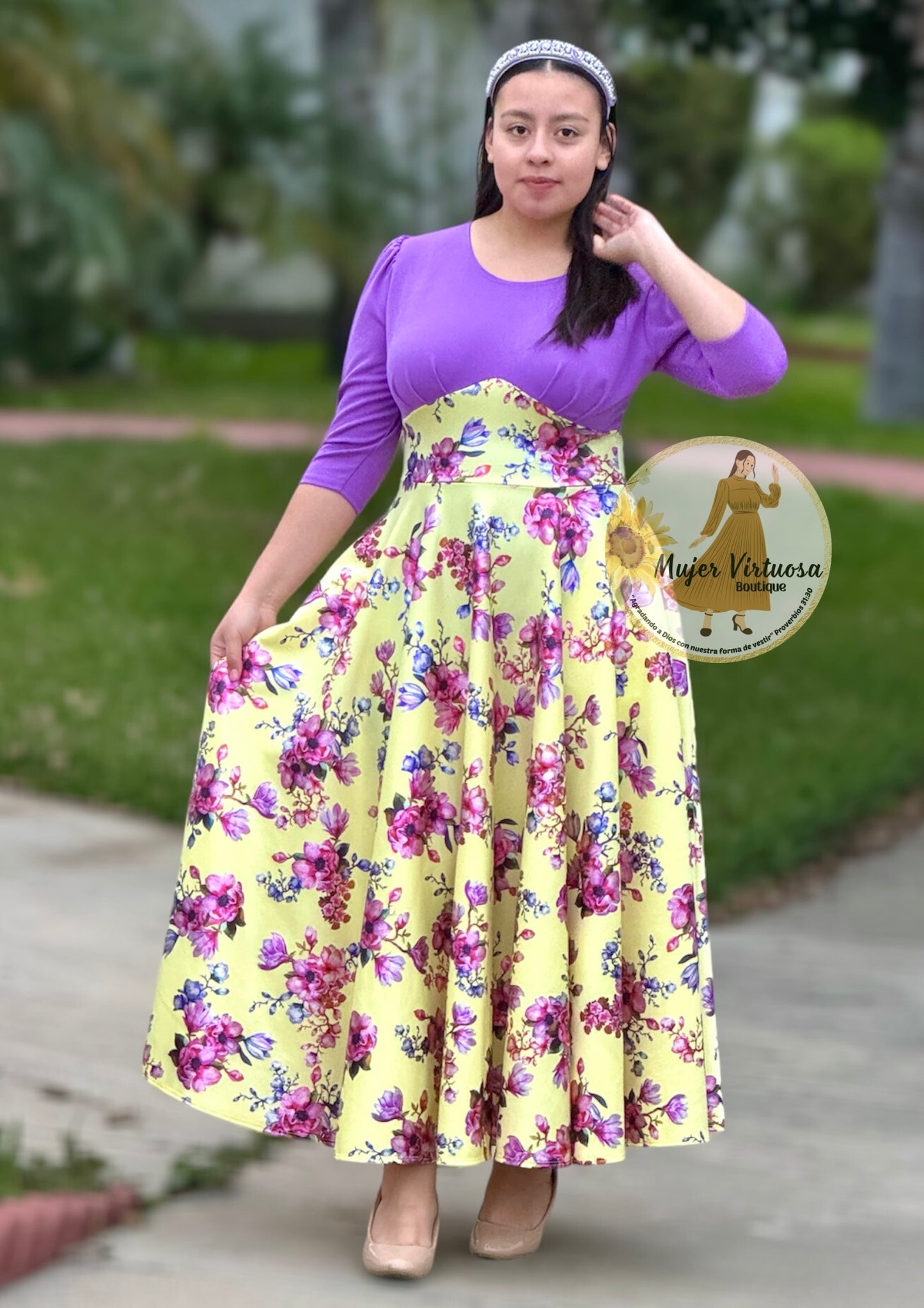 Cristel Purple & Yellow Foil Pleated Dress