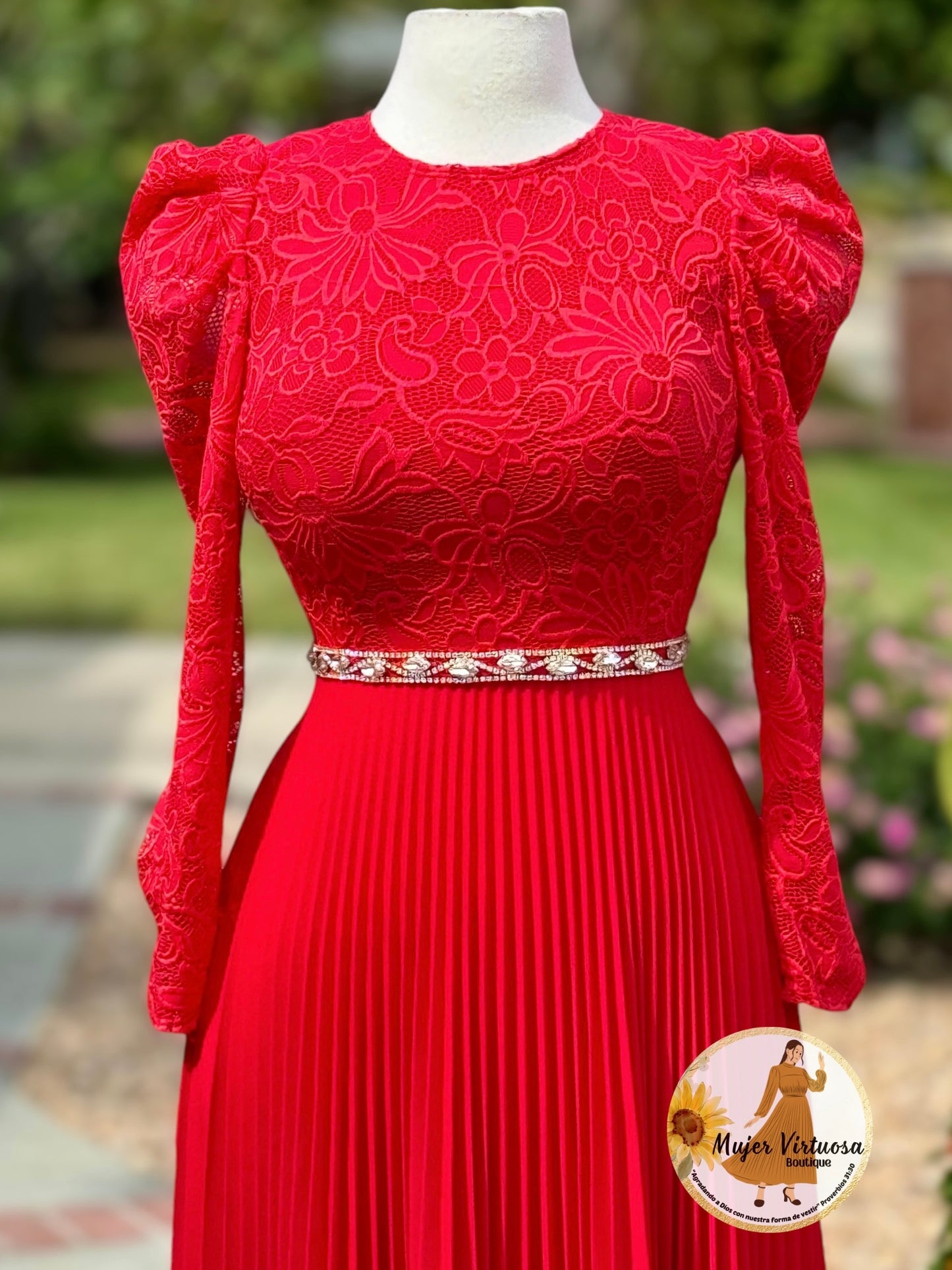 Ophelia Red Pleated Lace Dress