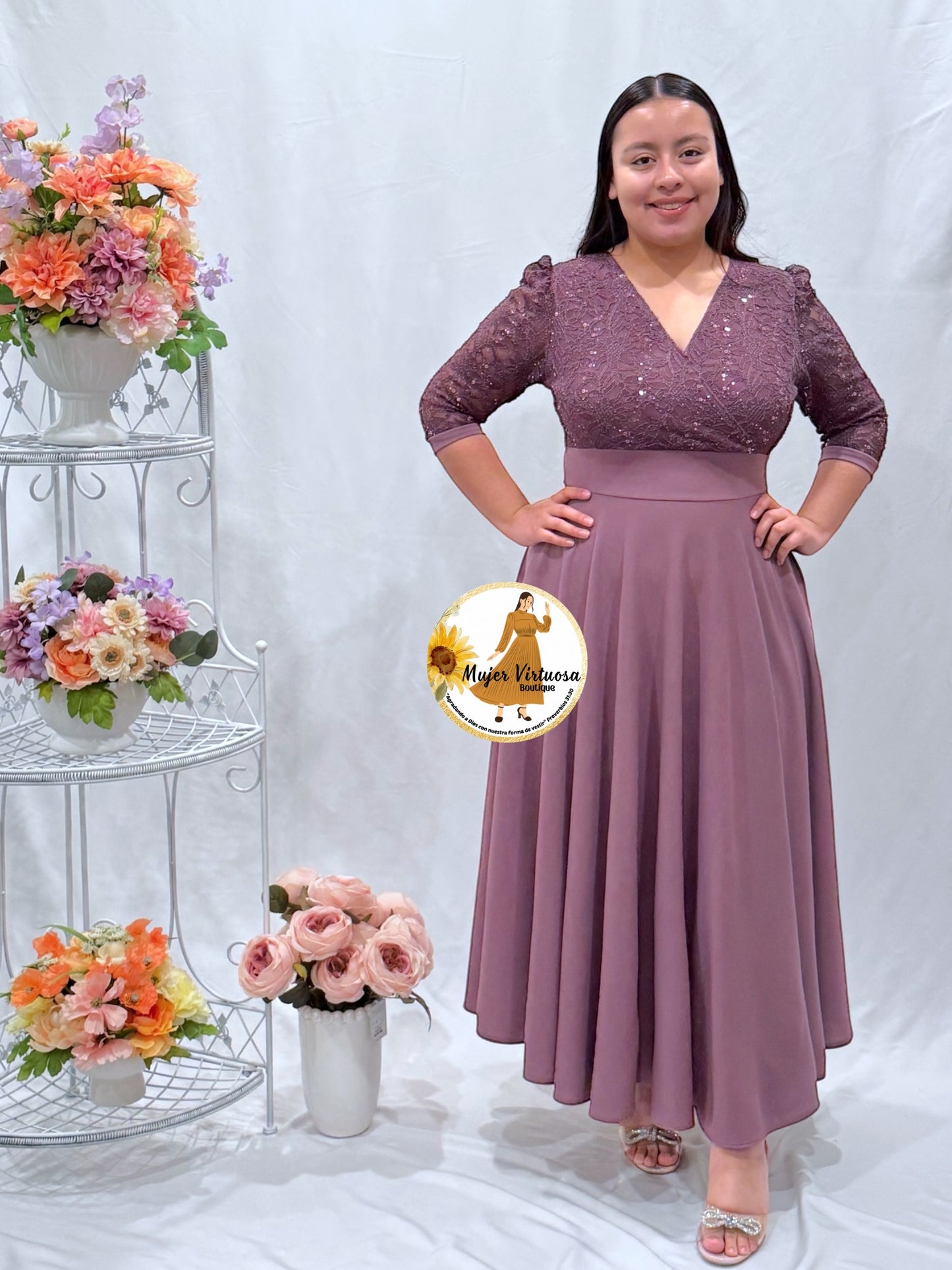 Débora Mauve Lace & Crepe Dress