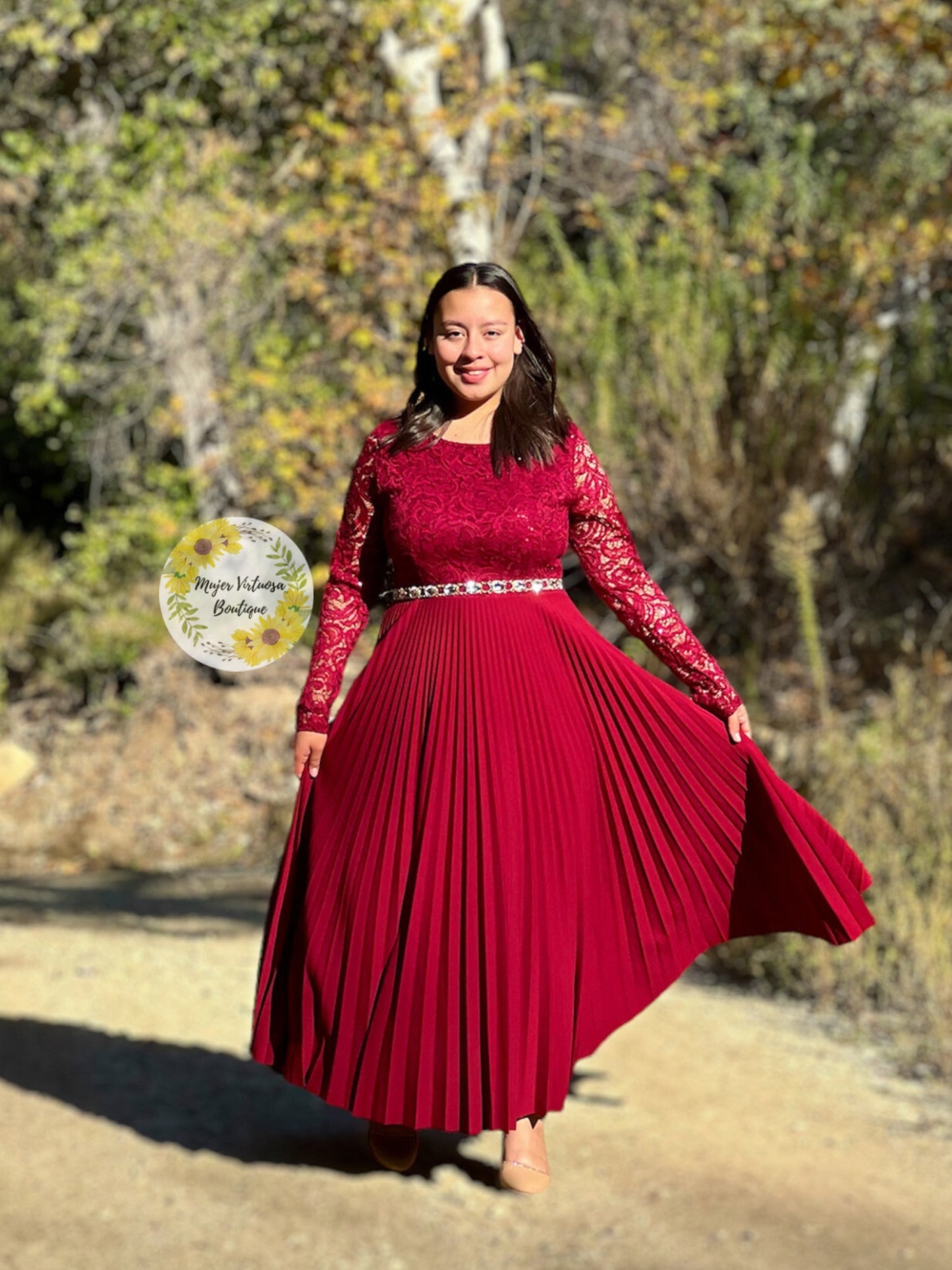 Alida Elegant Burgundy Pleated Dress