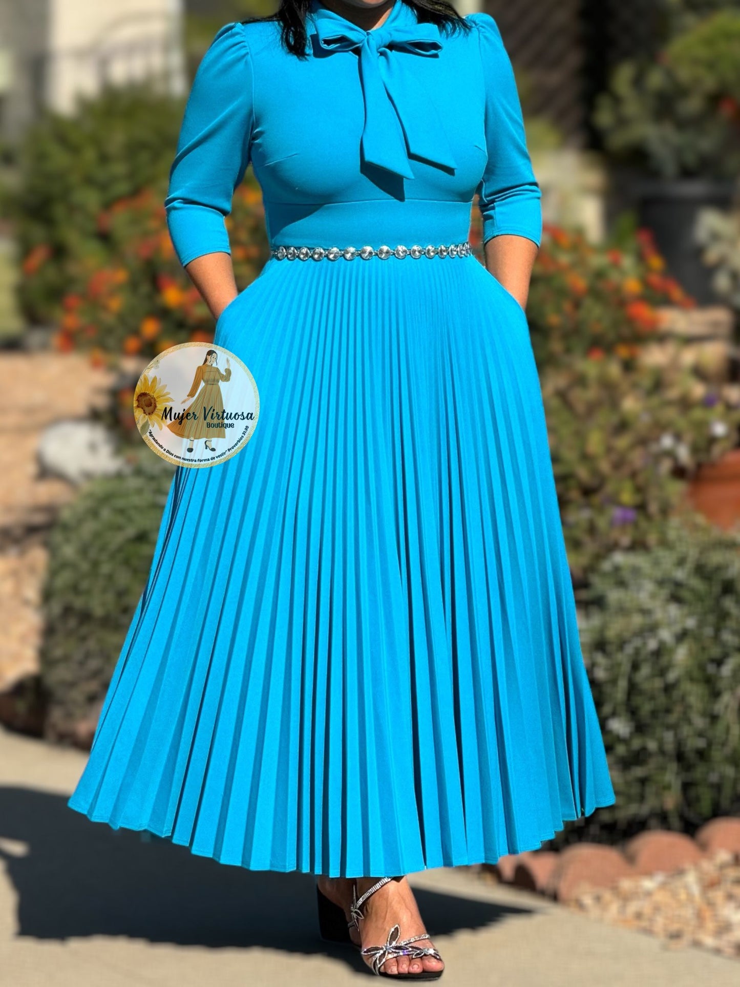 Melanie Cyan Blue Pleated Dress