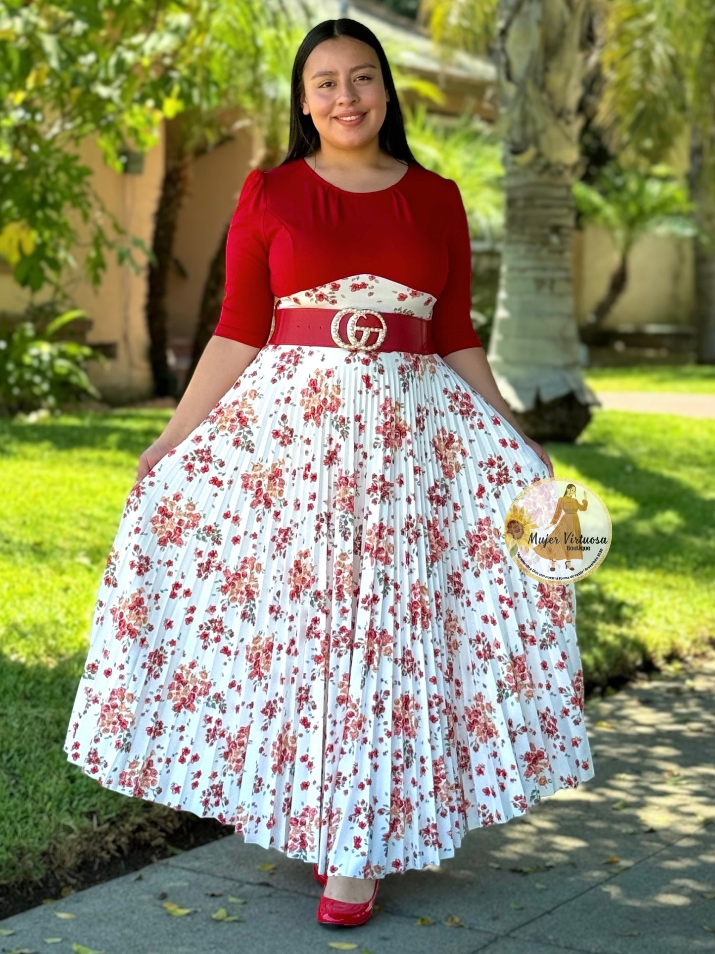 Red & White Floral Pleated Dress