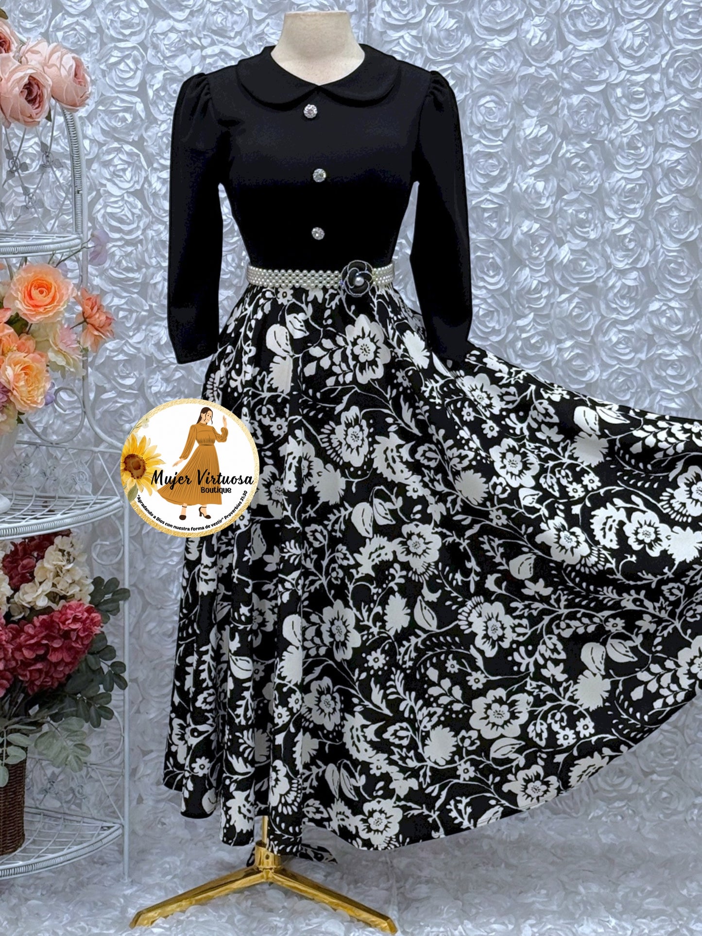 Black & Floral White Print Dress