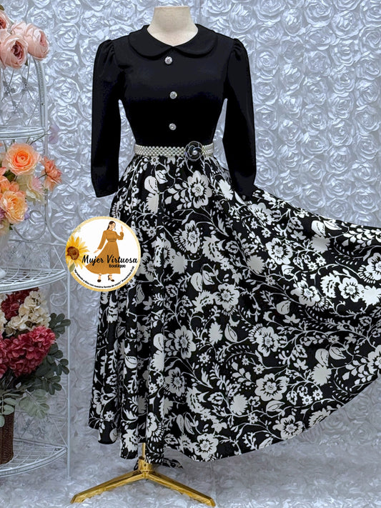 Black & Floral White Print Dress