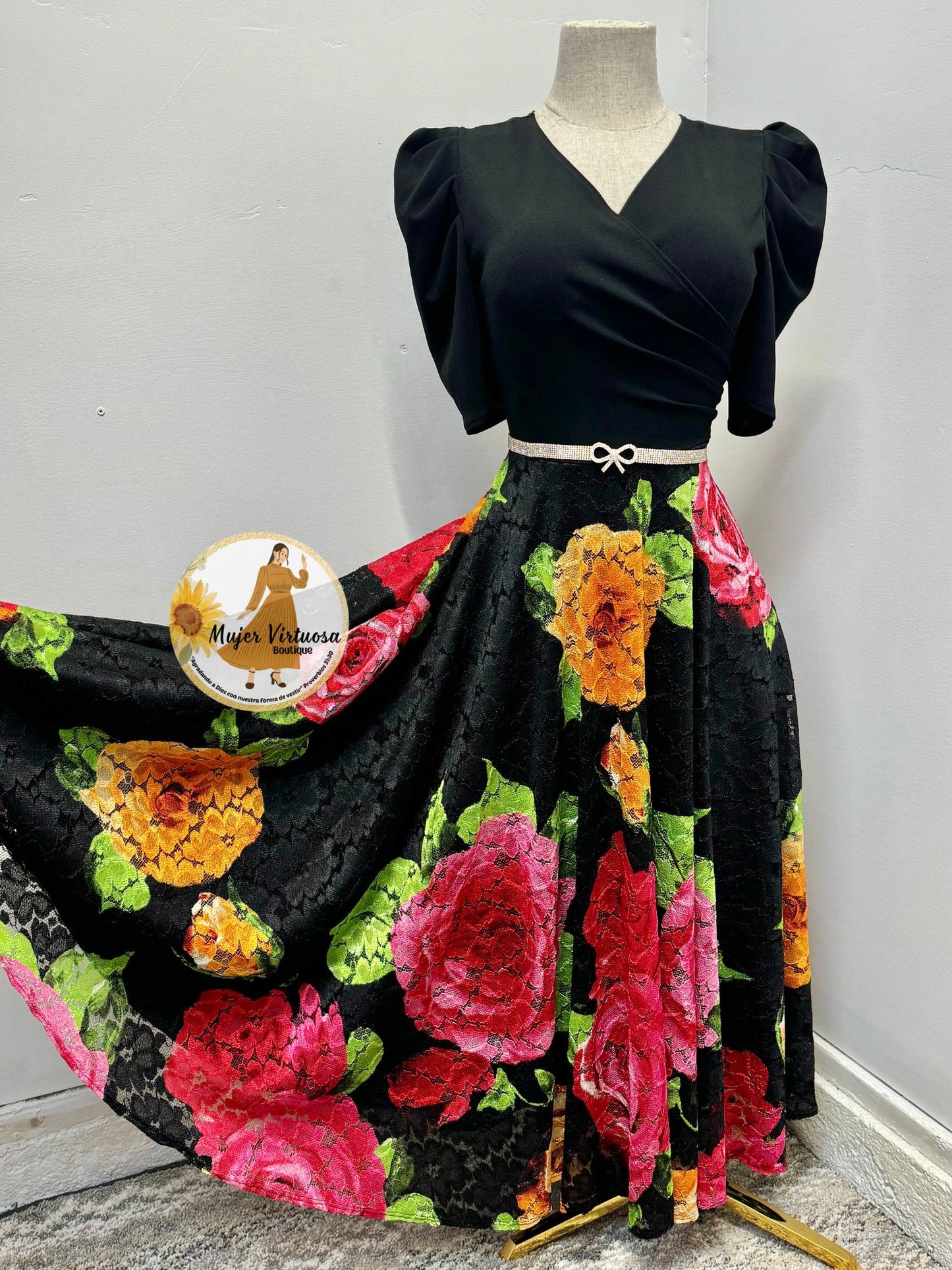 Black “Colorful Roses” Lace Dress