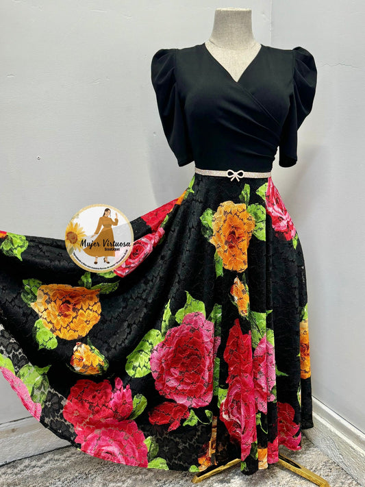 Black “Colorful Roses” Lace Dress
