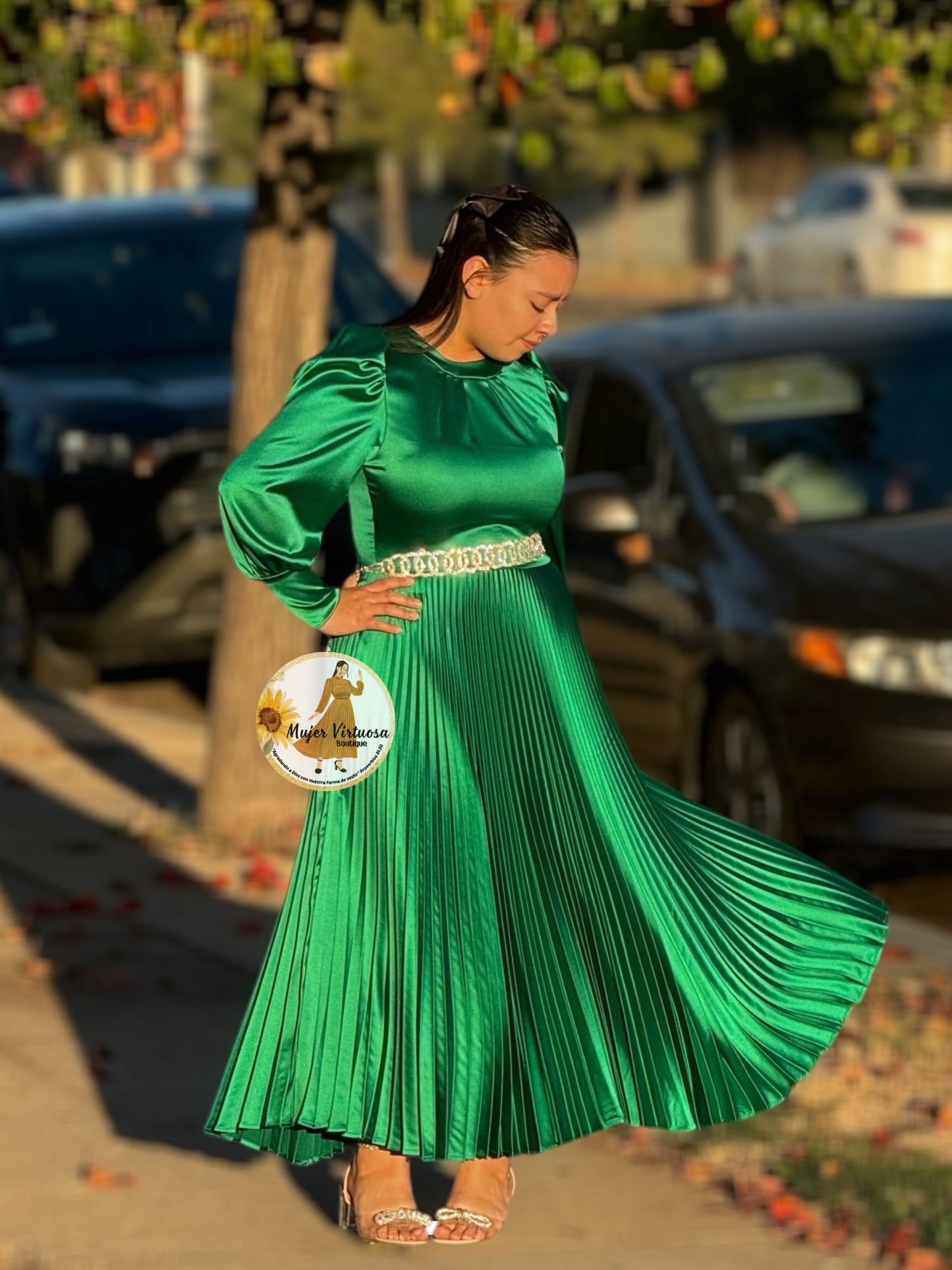 Litzy Kelly Green Satin Pleated Dress