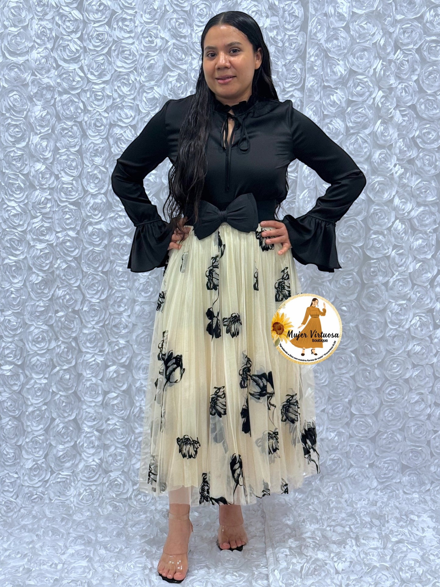 Ivory Floral Mesh Midi Skirt