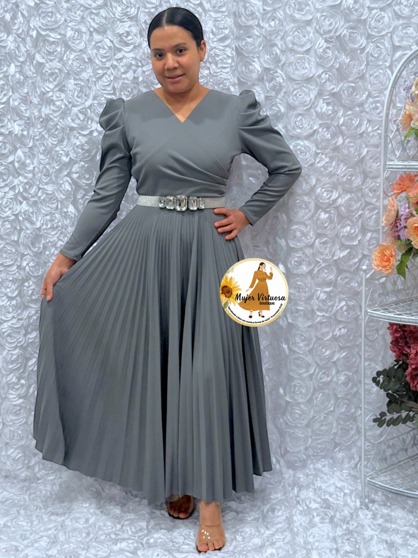 Yvette Grey Pleated Dress