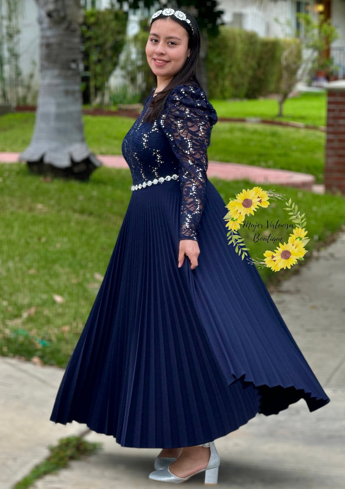 Ophelia Navy Pleated Lace Elegant Dress