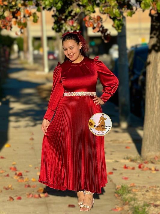 Litzy Burgundy Satin Pleated Dress