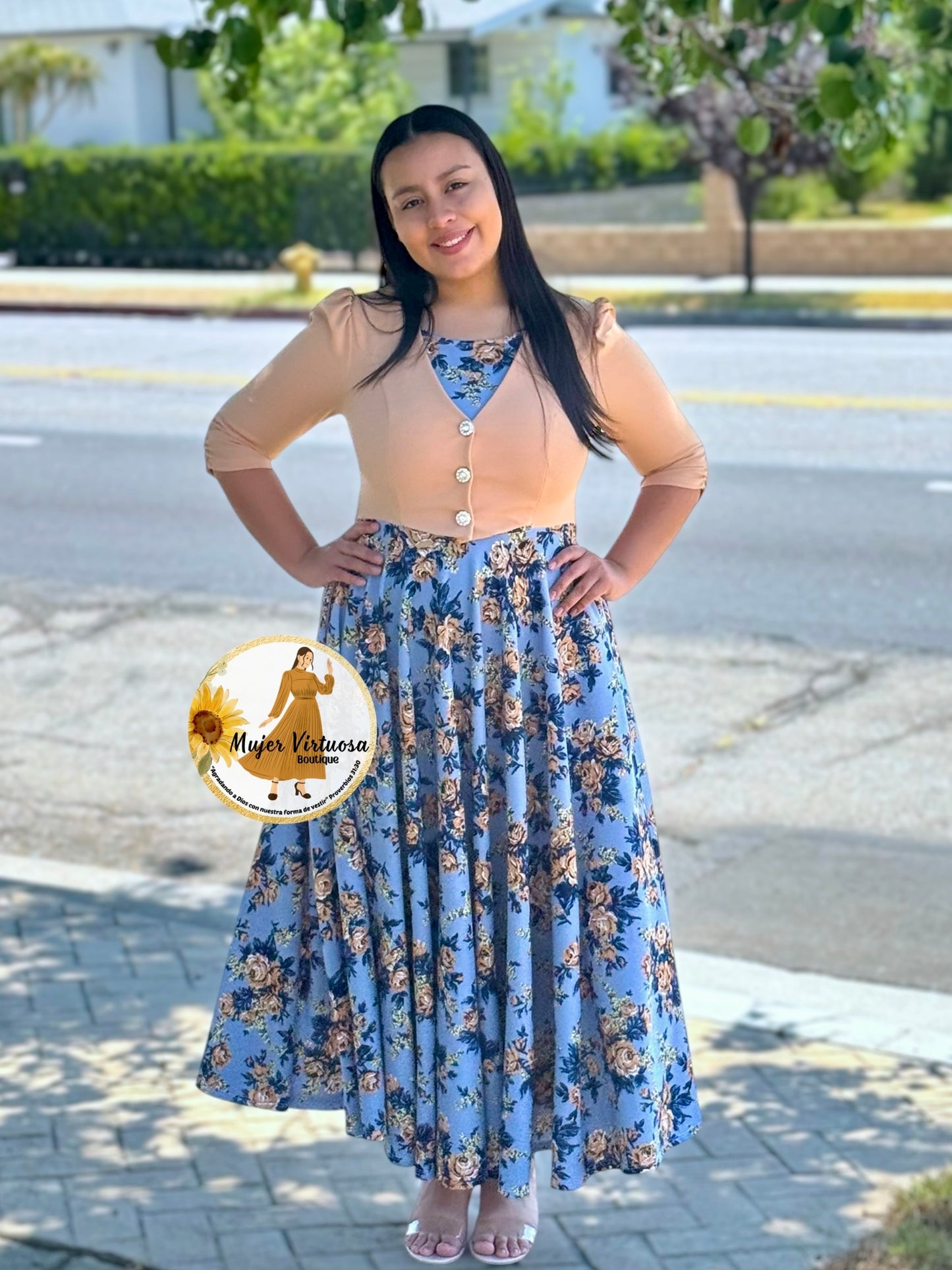 Betsy Beige/Blue Floral Dress