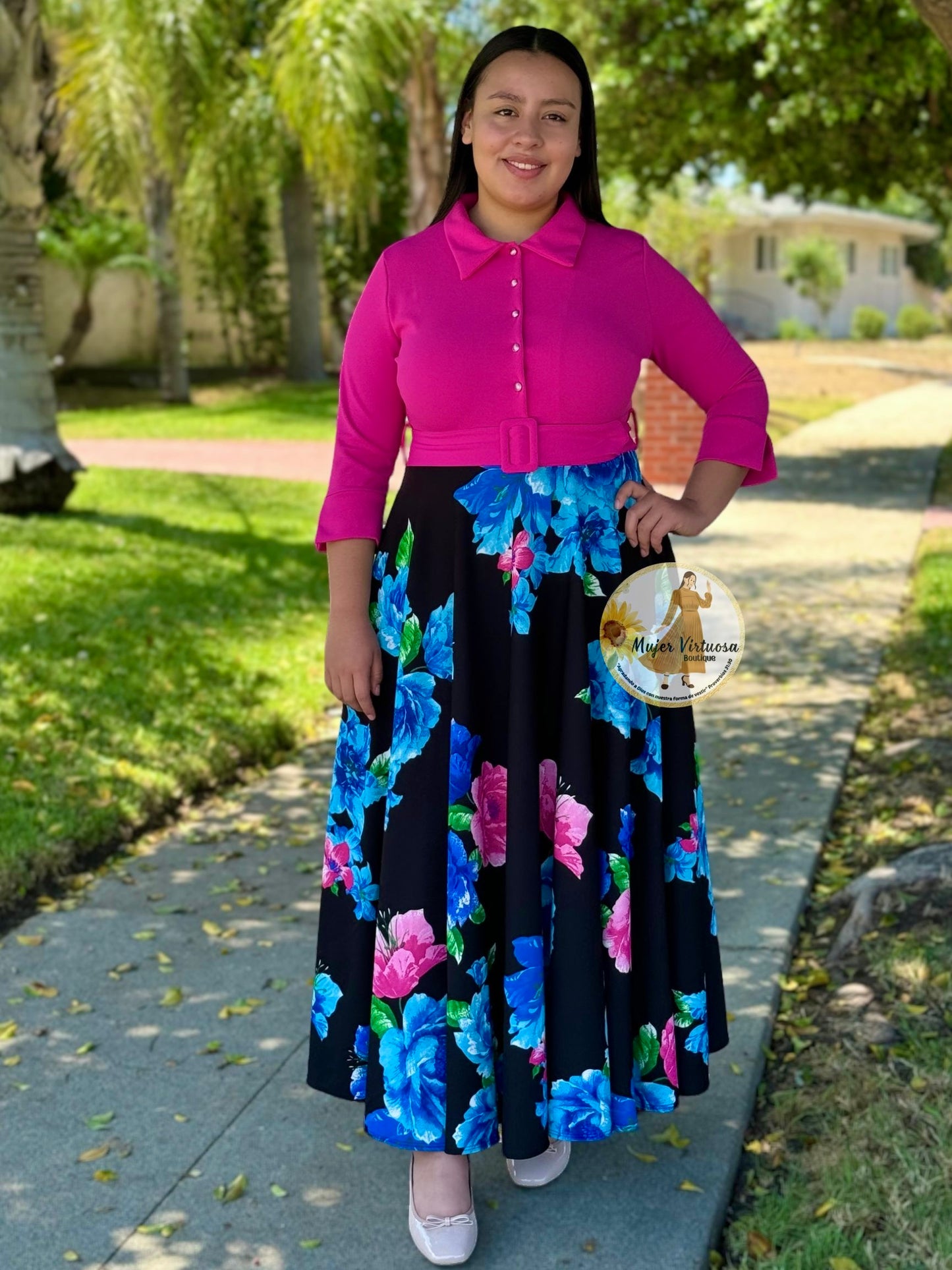 Hadassah Fucsia Belted Floral Dress