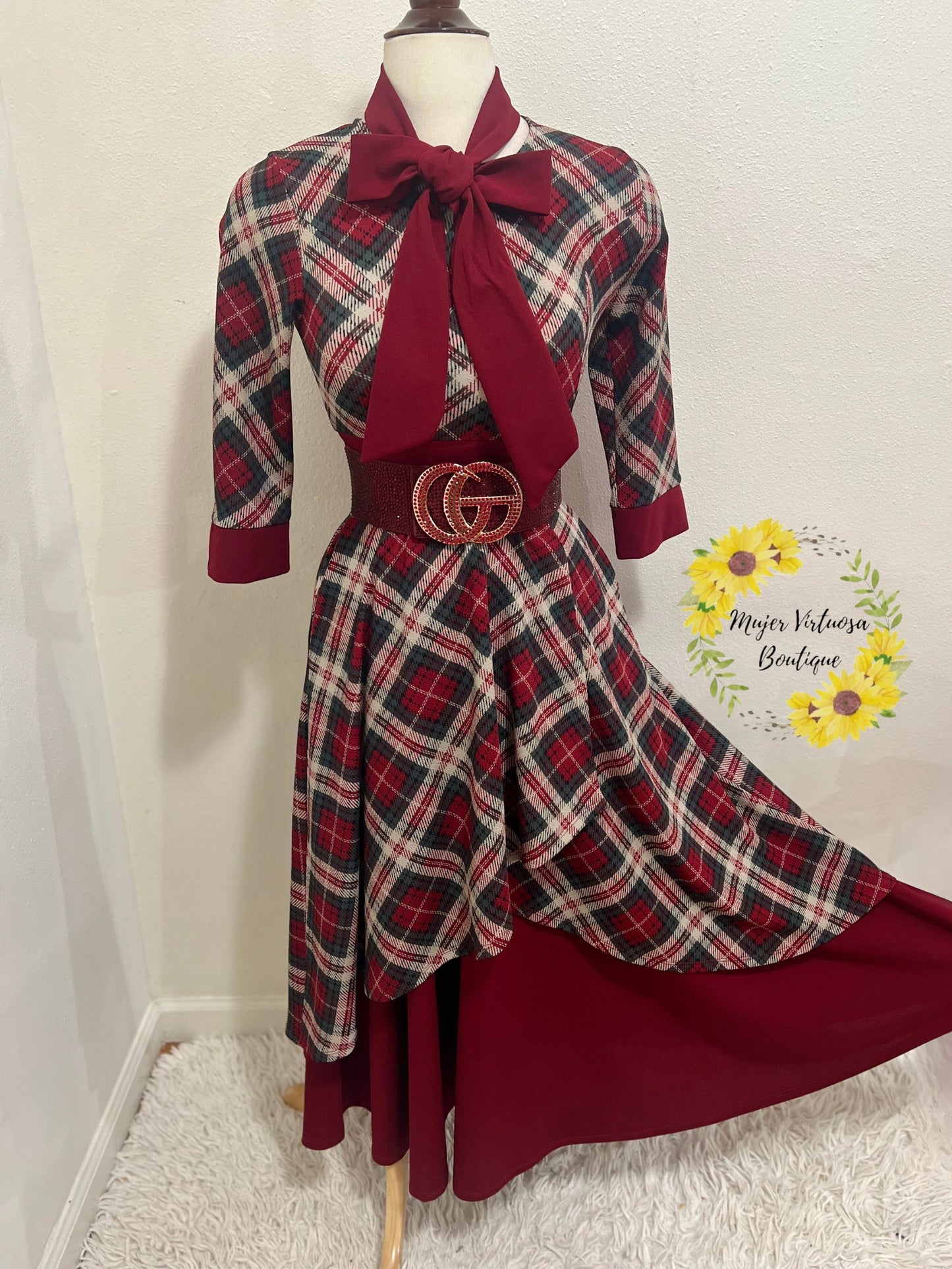 Oriana Burgundy Vintage Plaid Dress